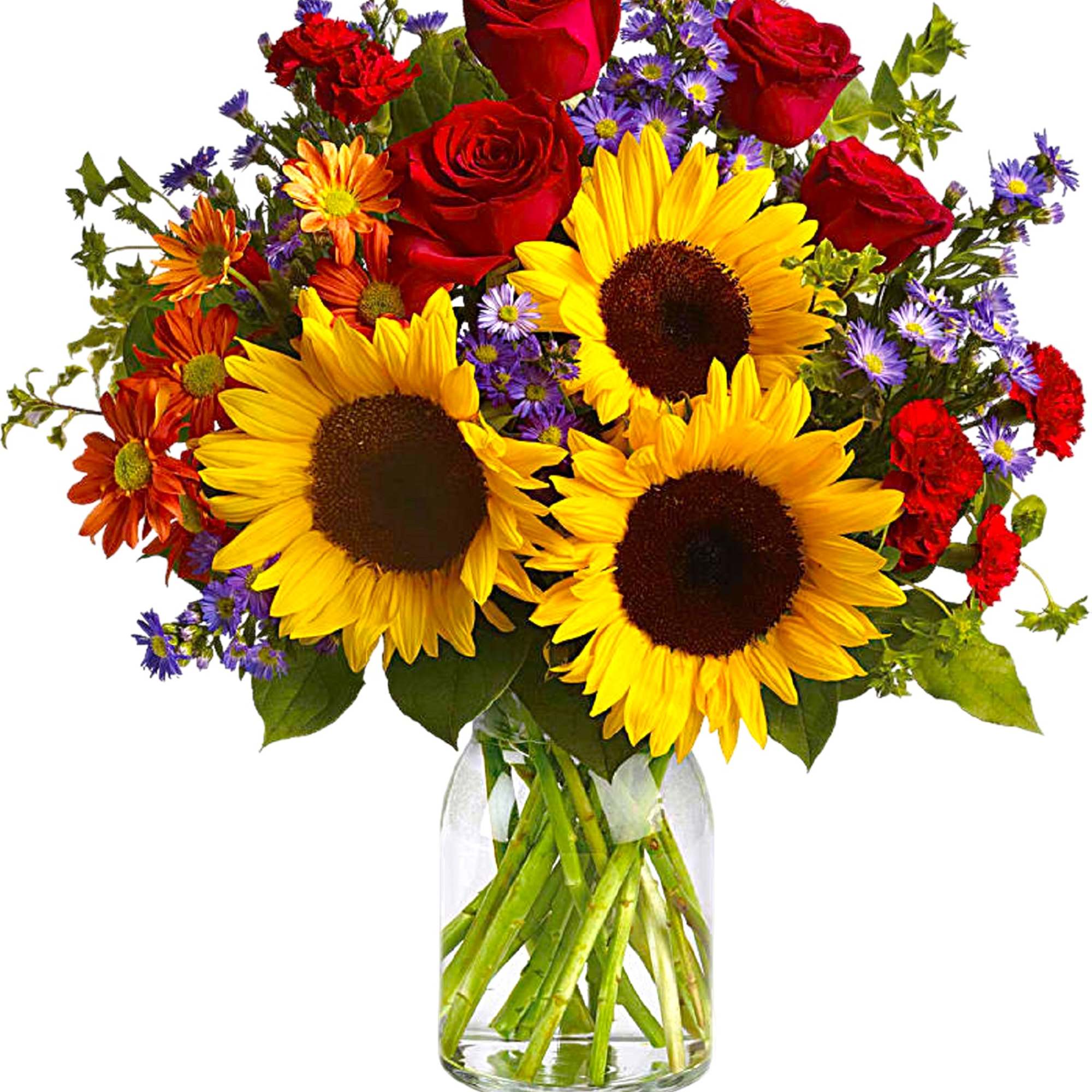 Bouquet of sunflowers, red roses, and purple daisies in a glass vase