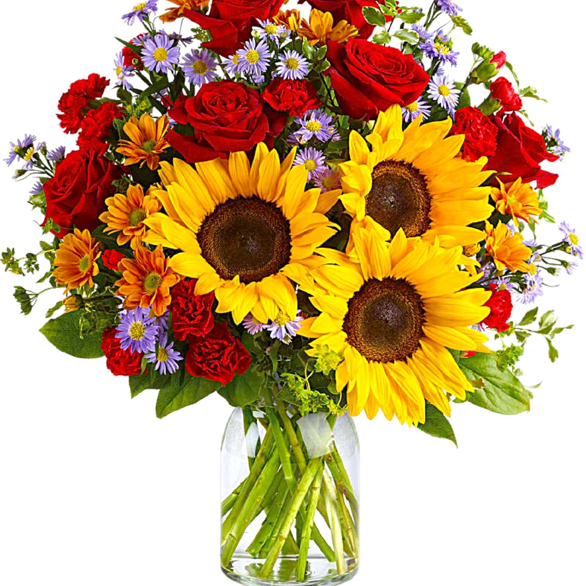 Bouquet of sunflowers, red roses, and purple daisies in a glass vase