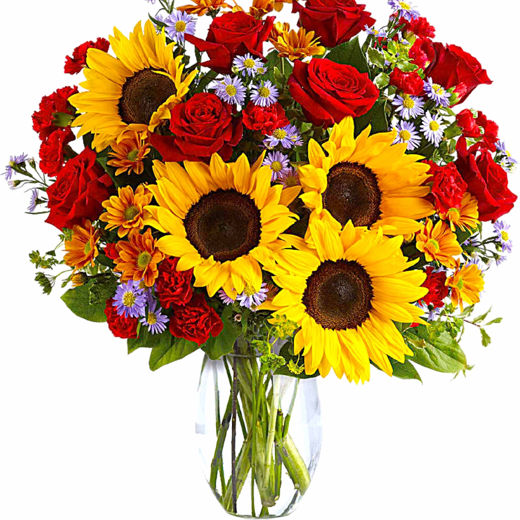 Bouquet of sunflowers, red roses, and purple daisies in a clear glass vase