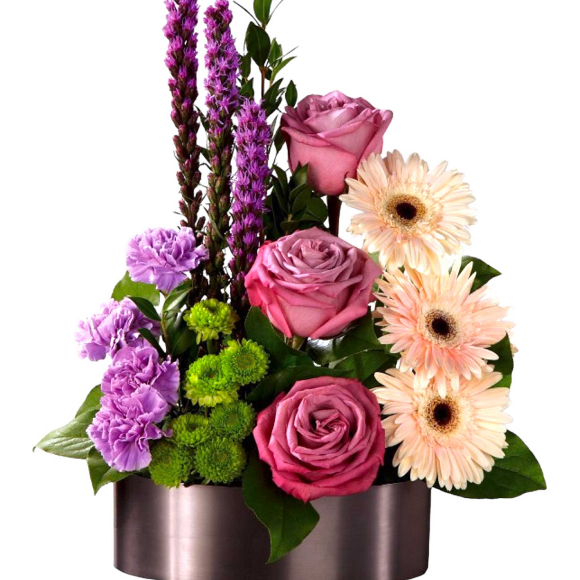 Pink roses and gerbera daisies in a metallic container