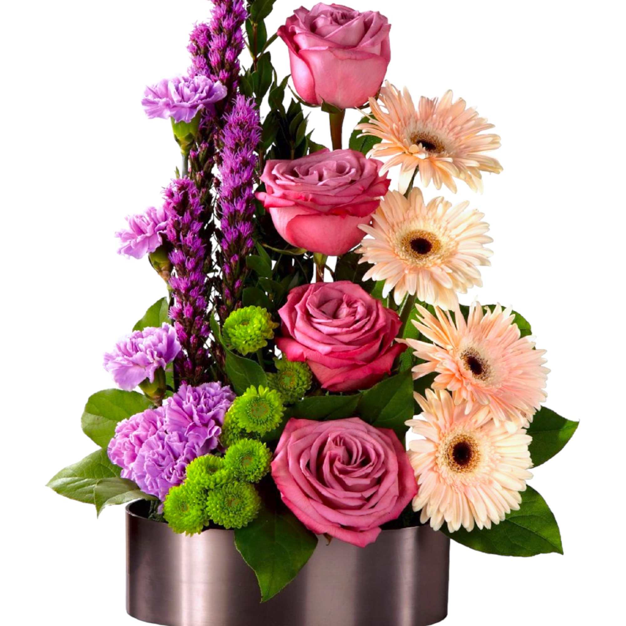 Pink roses and peach gerbera daisies in a round vase with purple accents
