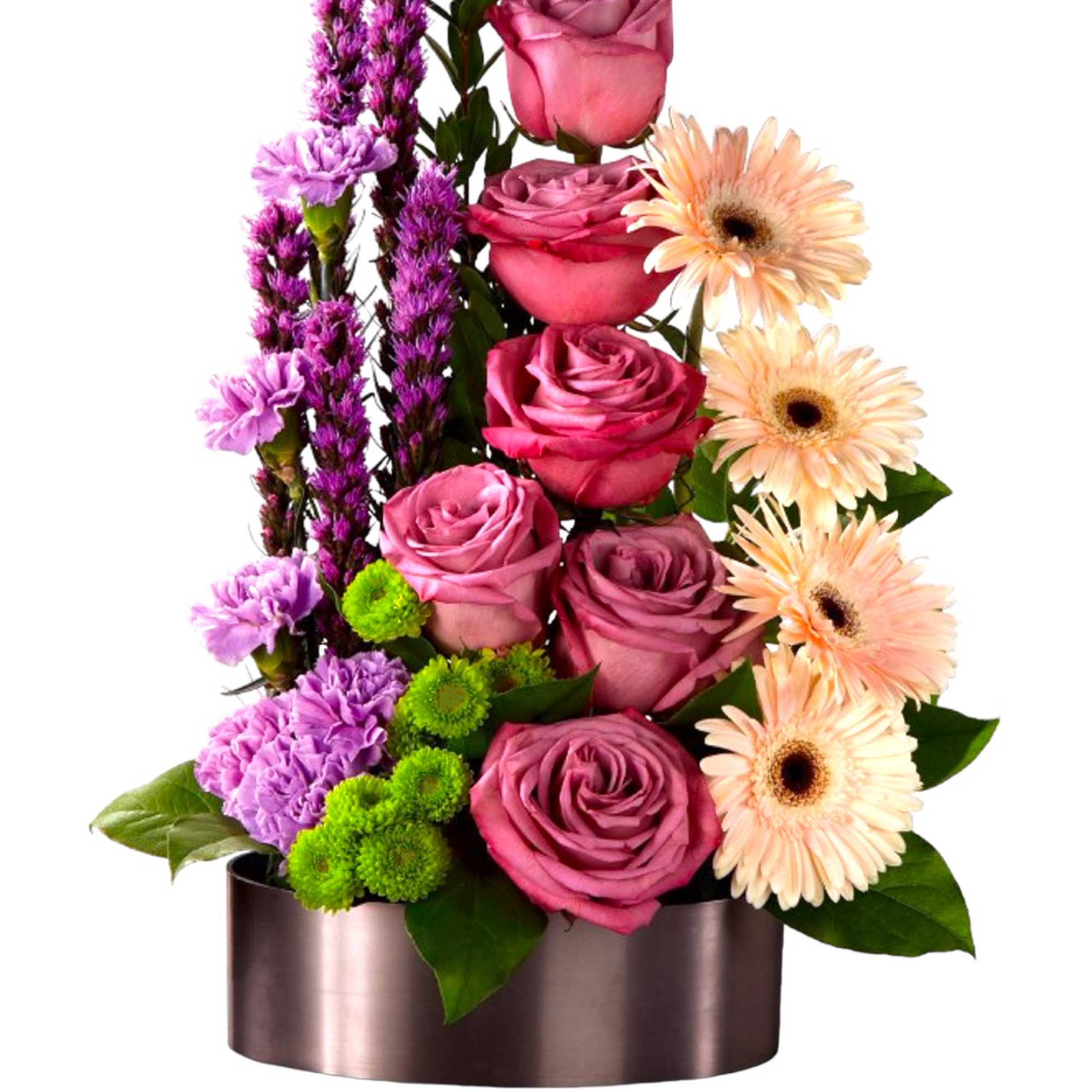 Pink roses and peach gerbera daisies in a metallic vase