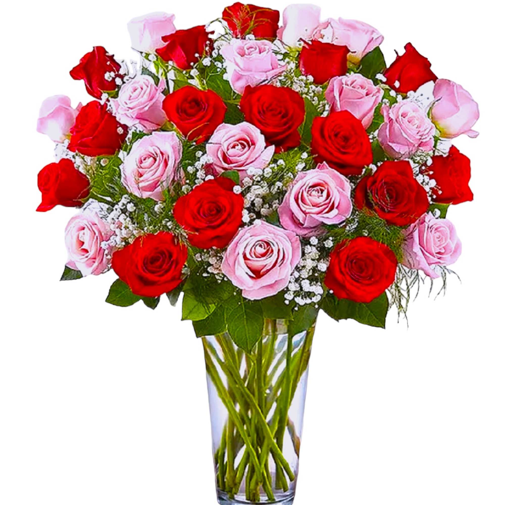 Bouquet of red and pink roses in a clear glass vase