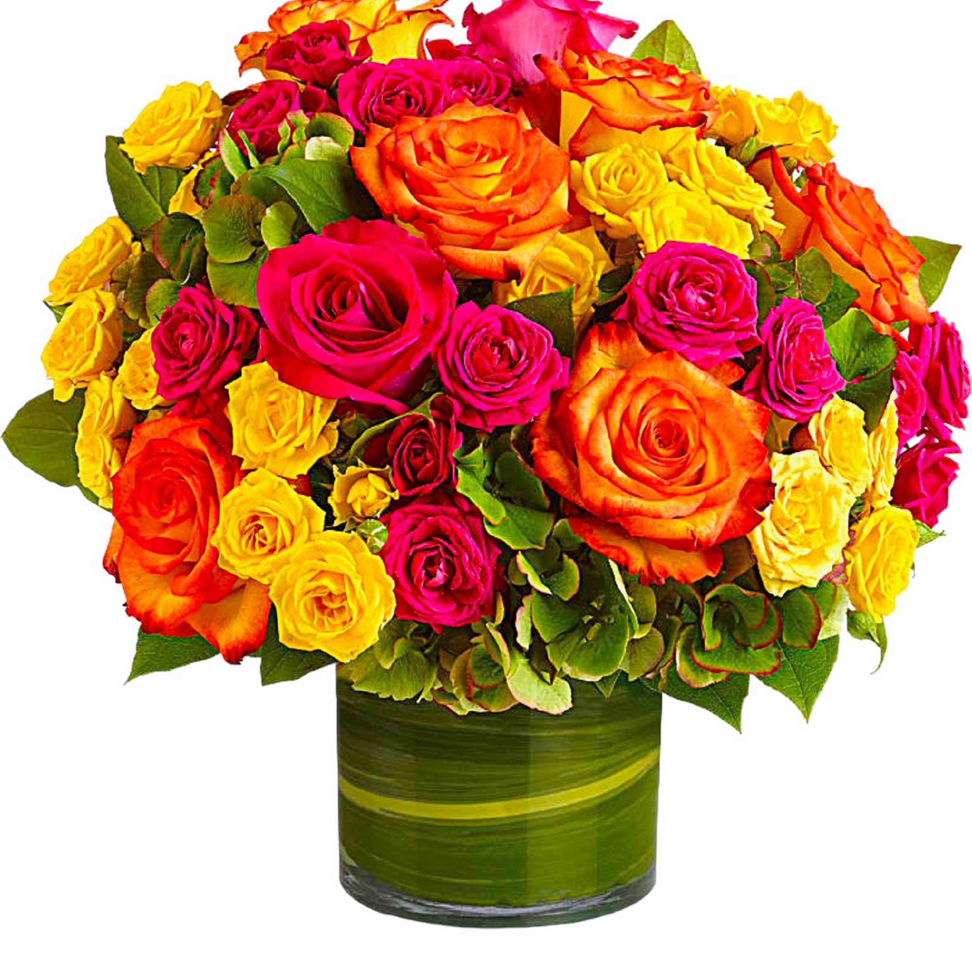 Bright mixed roses arranged in a green glass vase
