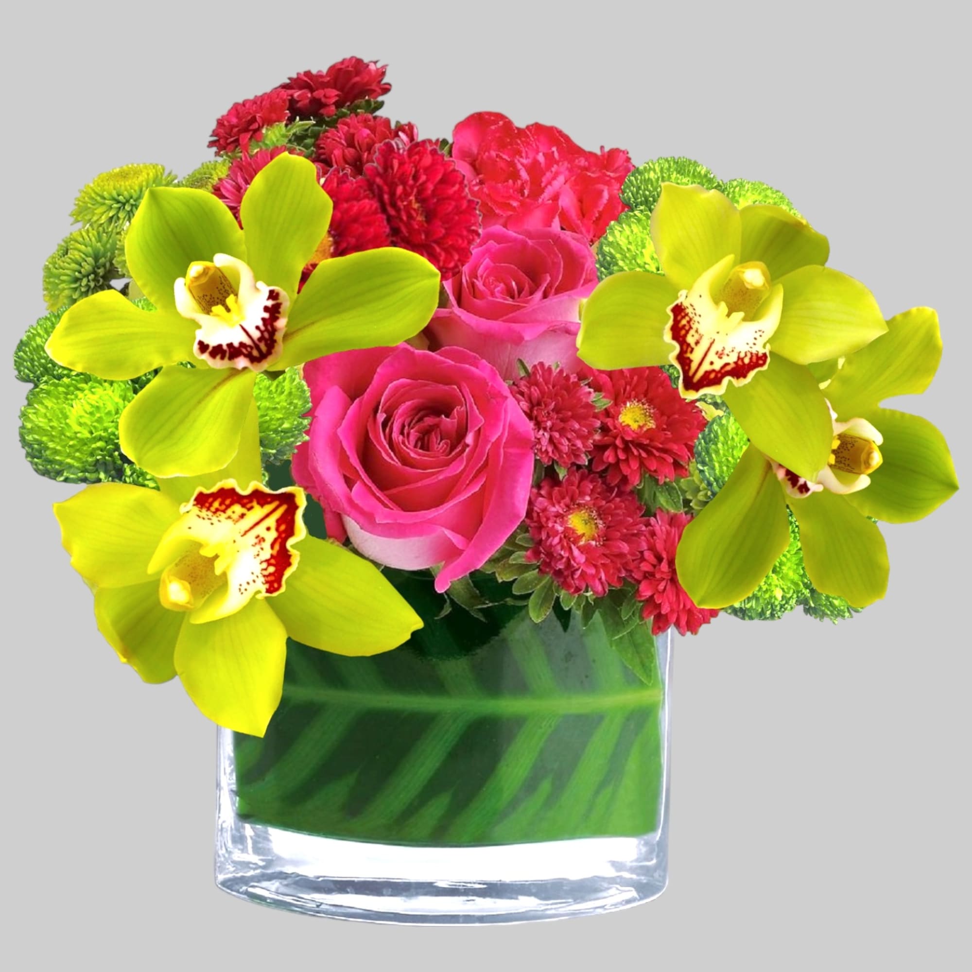 Pink roses and lime orchids in a clear glass vase, photo 4 of 4
