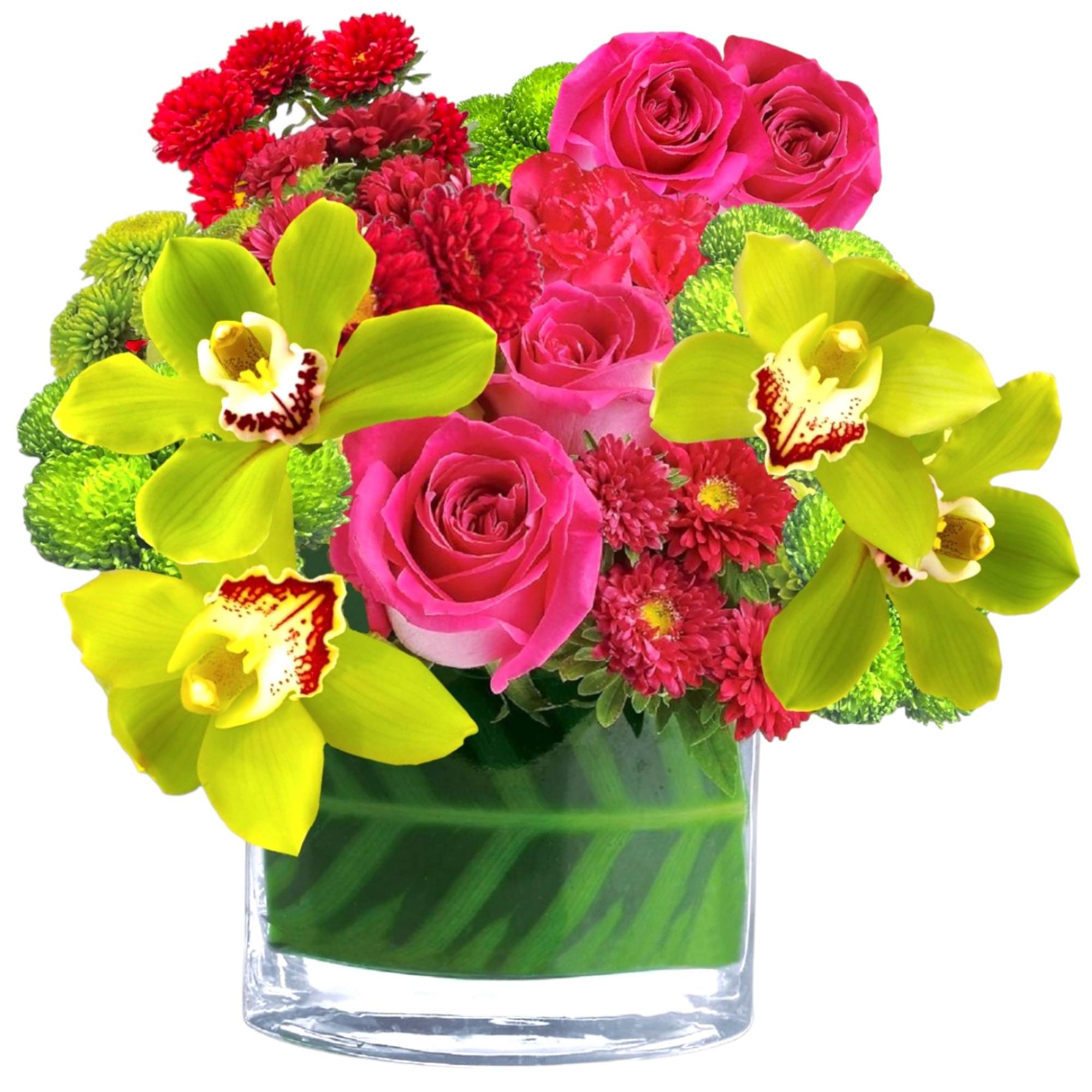 Pink roses and lime orchids in a glass vase