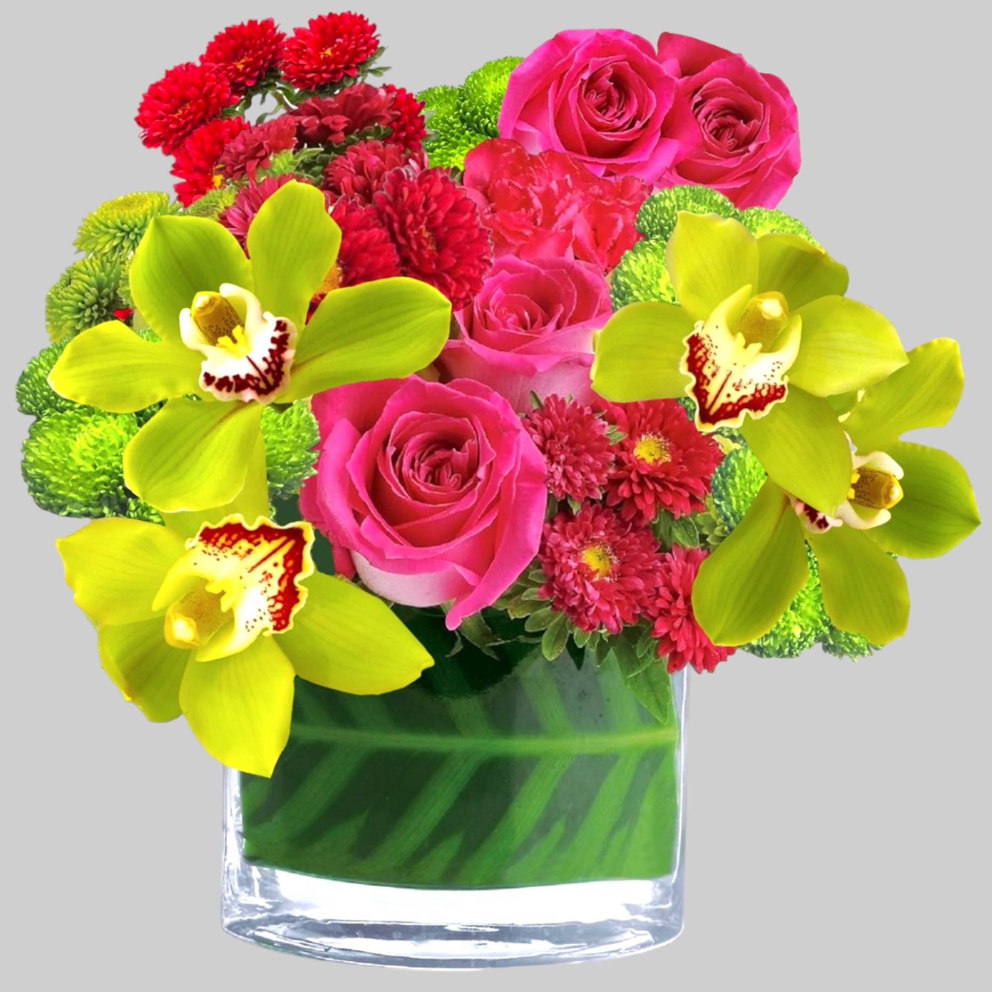 Pink roses and lime orchids in a glass vase, photo 4 of 4