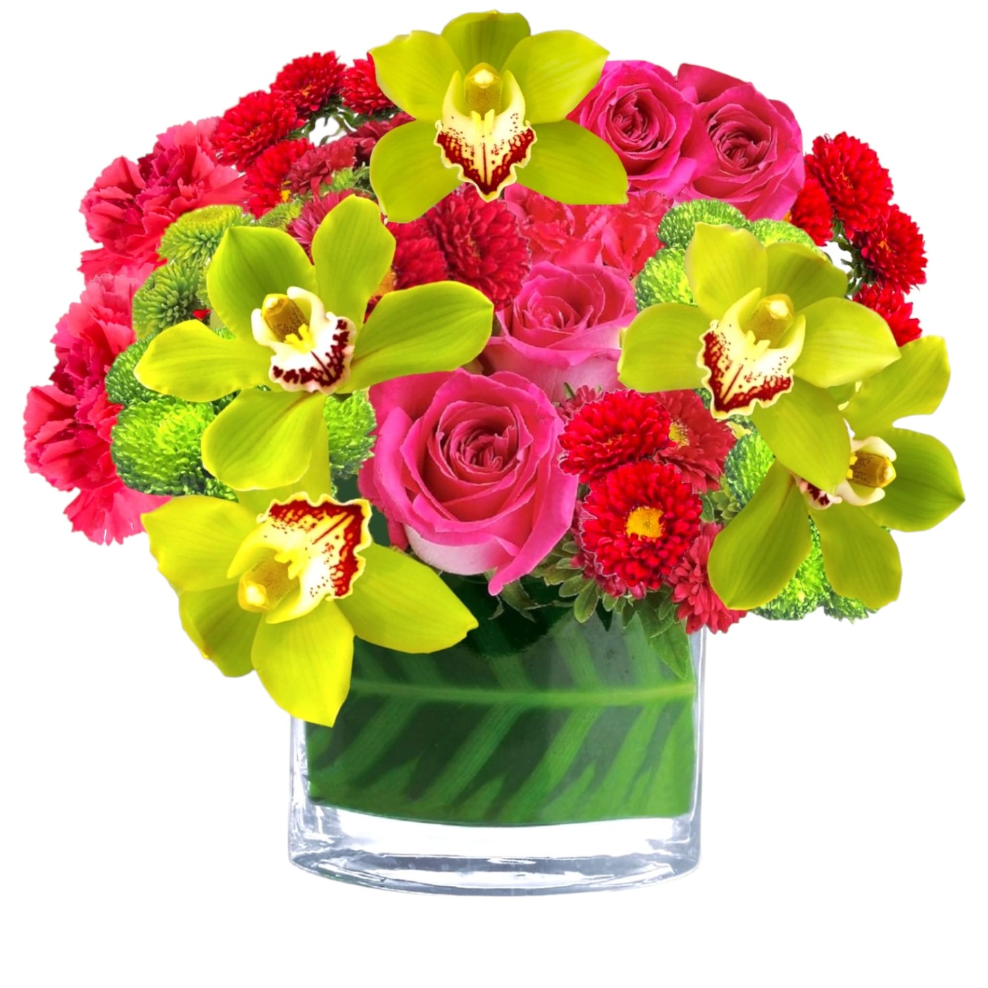 Pink roses and red flowers in a glass vase with lime orchids