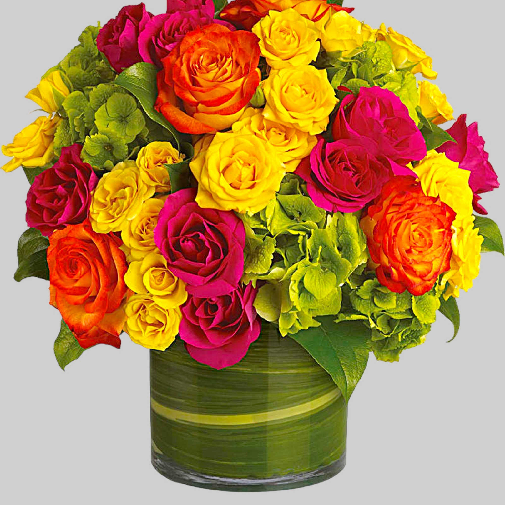Bouquet of multicolored roses in a green glass vase, photo 6 of 6
