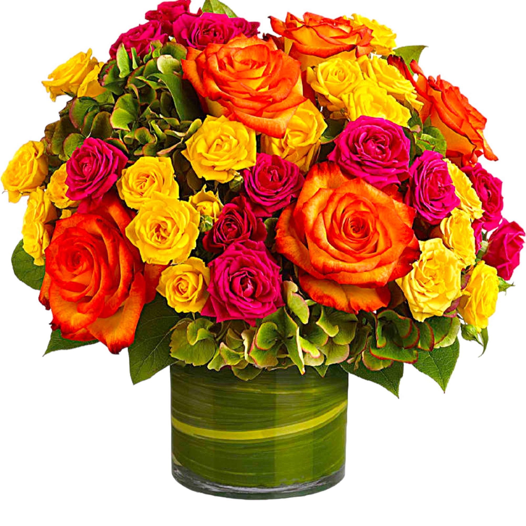Bouquet of orange, yellow, and pink roses in a green glass vase
