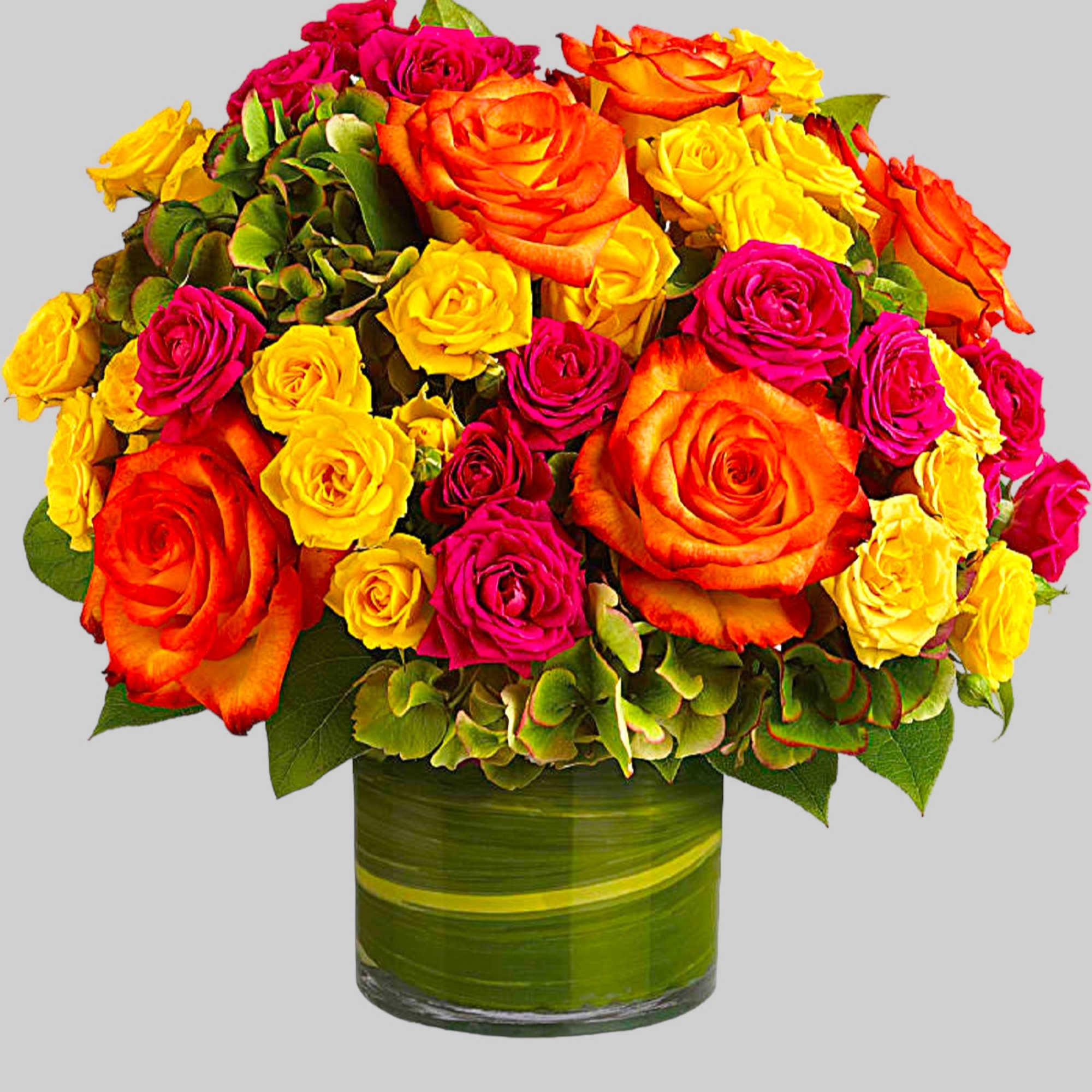 Bouquet of orange, yellow, and pink roses in a green glass vase, photo 4 of 4