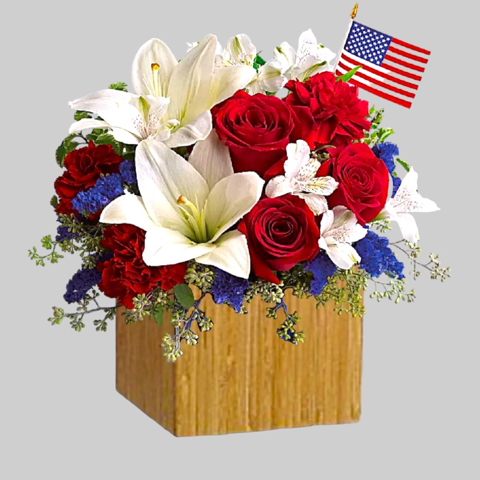 Red roses and white lilies in a wooden box with a small American flag, photo 4 of 4