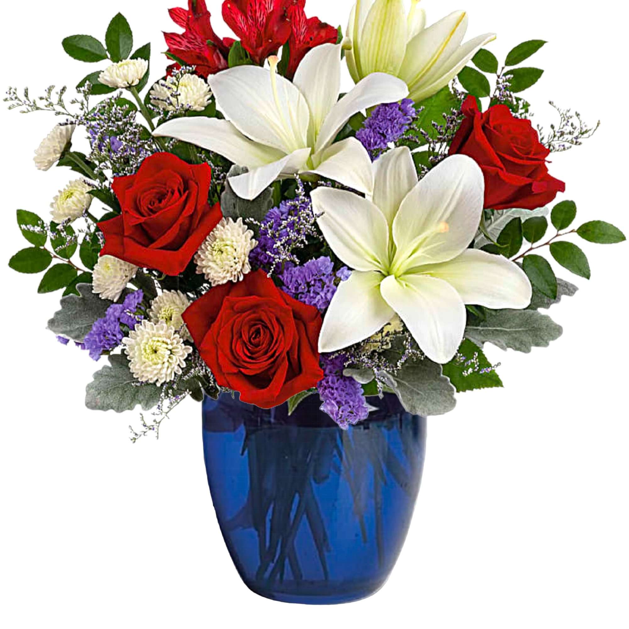 Red roses and white lilies in a blue glass vase
