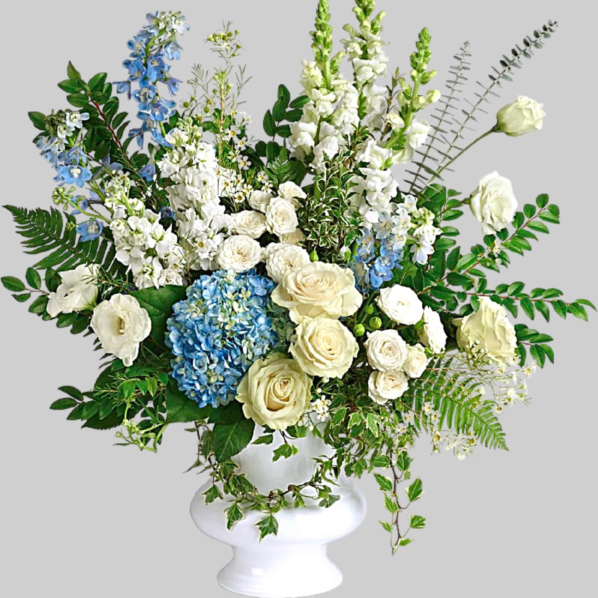 White and blue floral arrangement in a white pedestal vase, photo 4 of 4