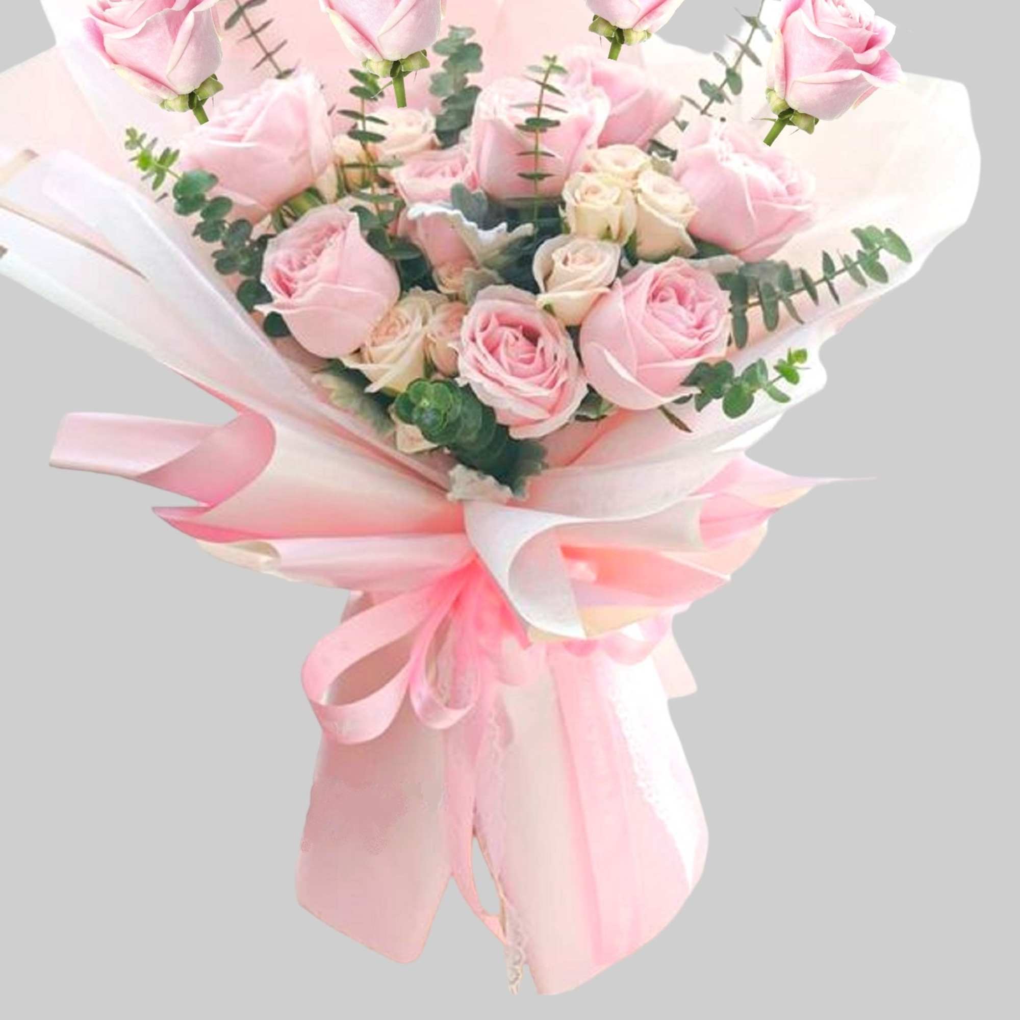 Bouquet of pale pink roses wrapped in pink and white paper, photo 5 of 5