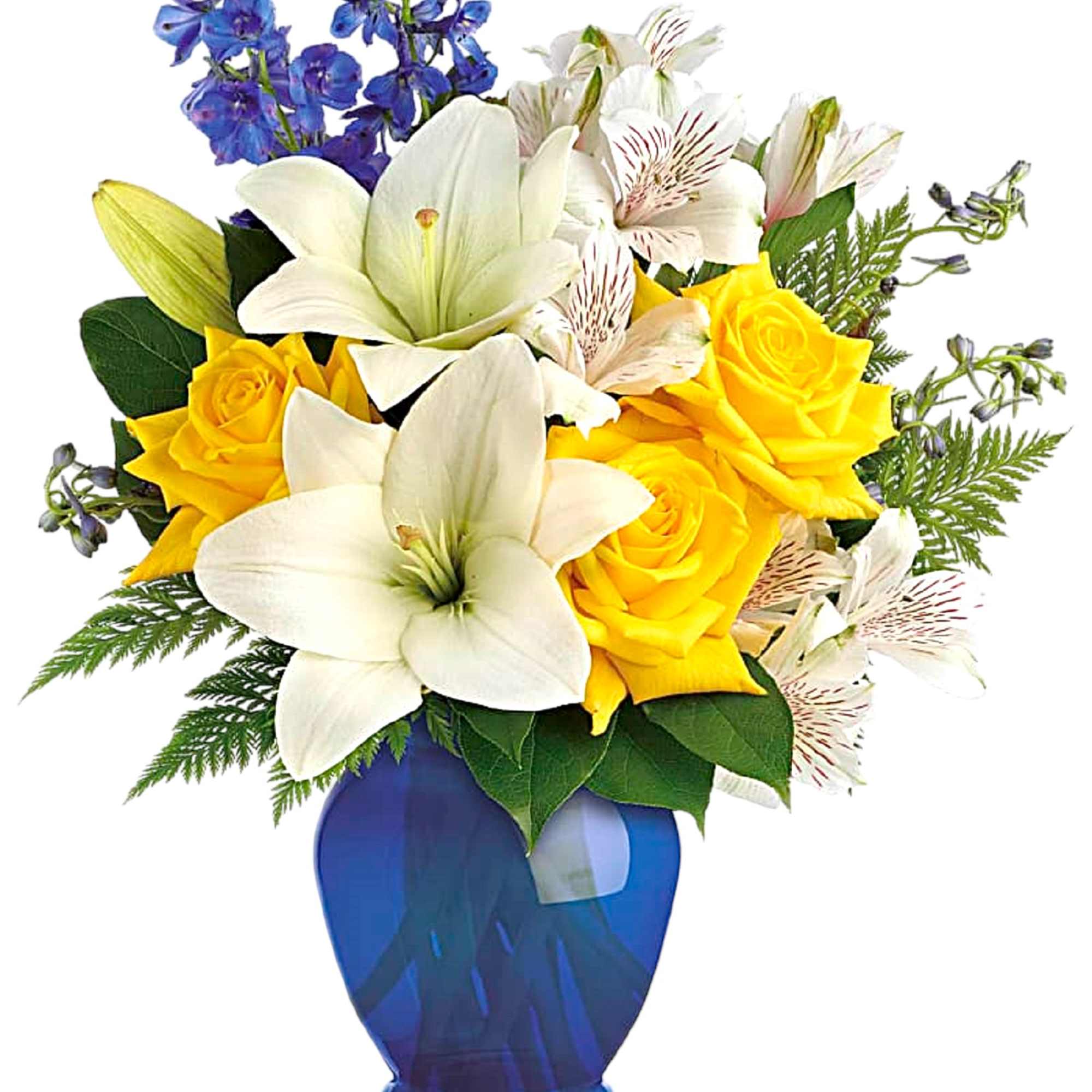 Yellow roses and white lilies in a blue vase with blue flowers