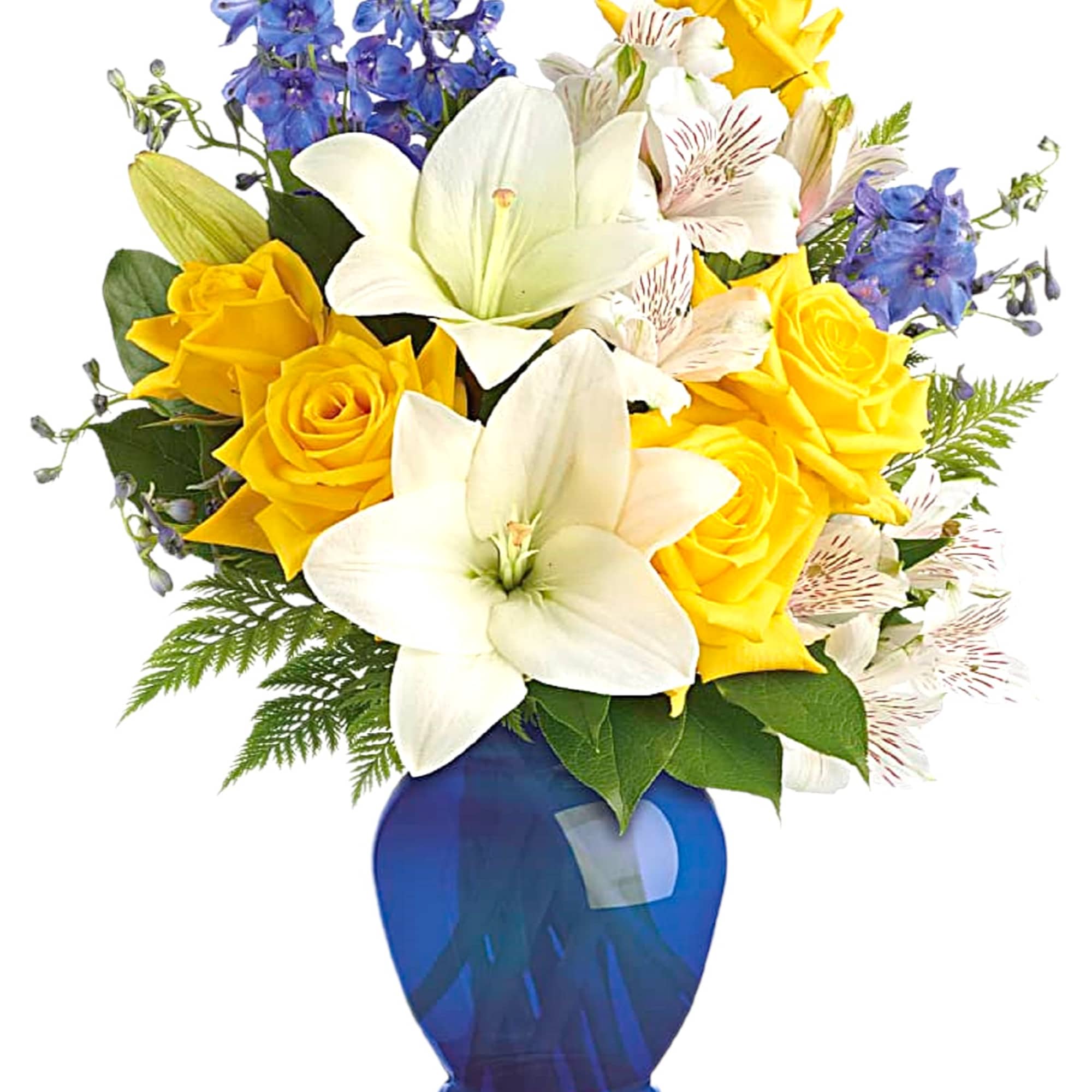 Yellow roses and white lilies in a blue vase with blue flowers