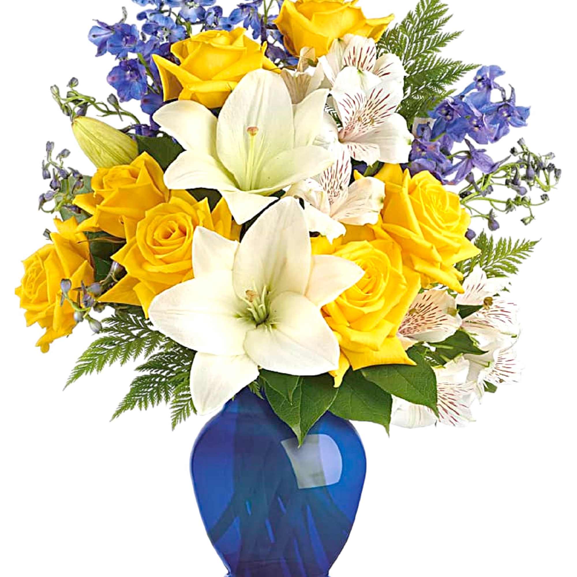 Yellow roses and white lilies in a blue vase with purple flowers