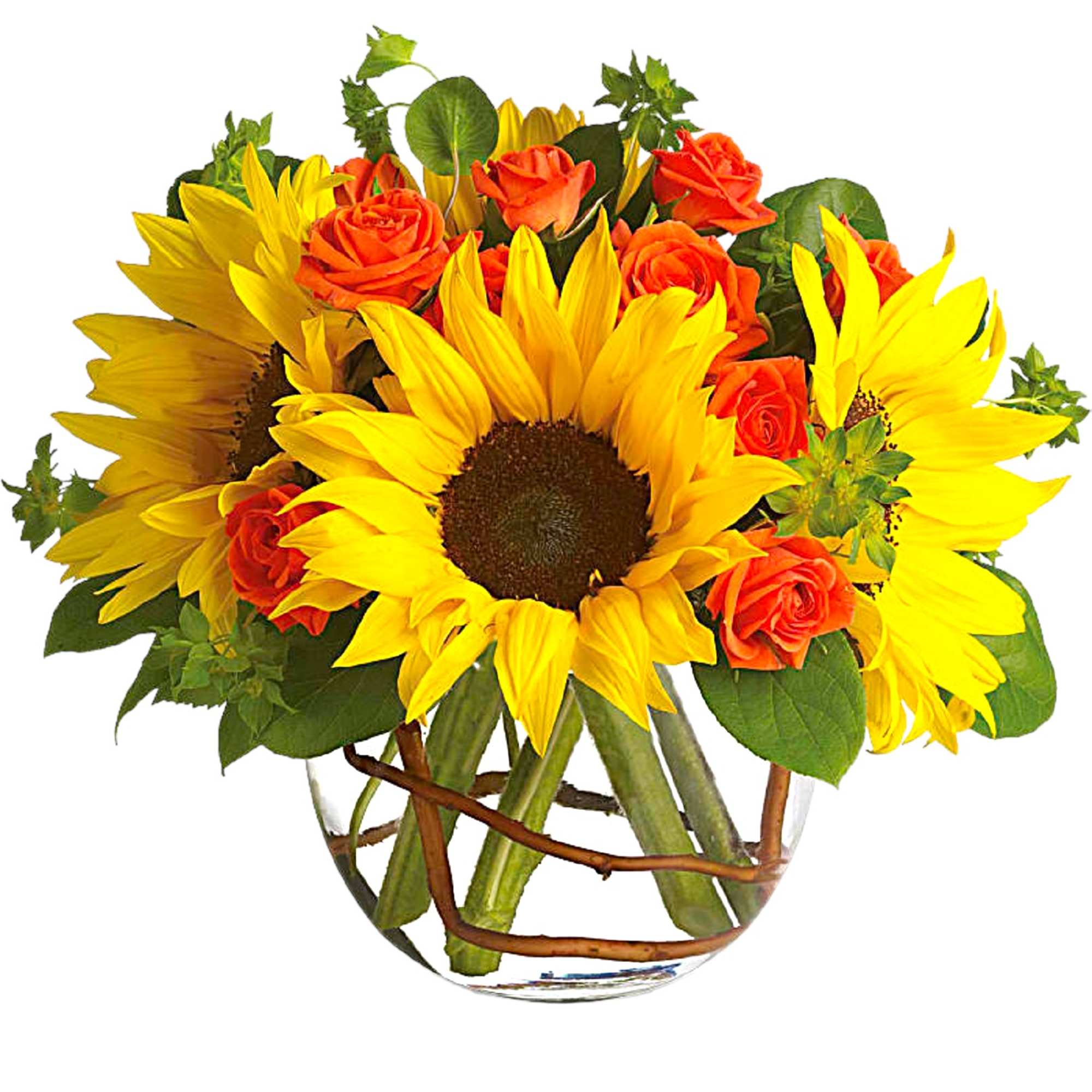 Sunflowers and orange roses arranged in a clear glass vase