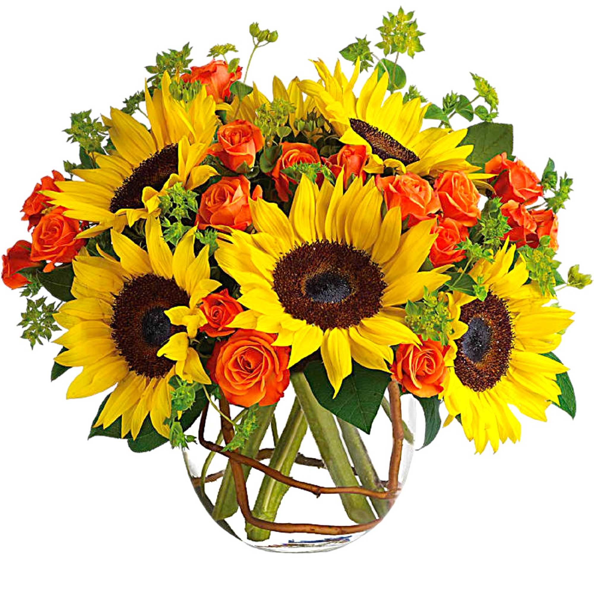 Sunflowers and orange roses arranged in a clear glass vase