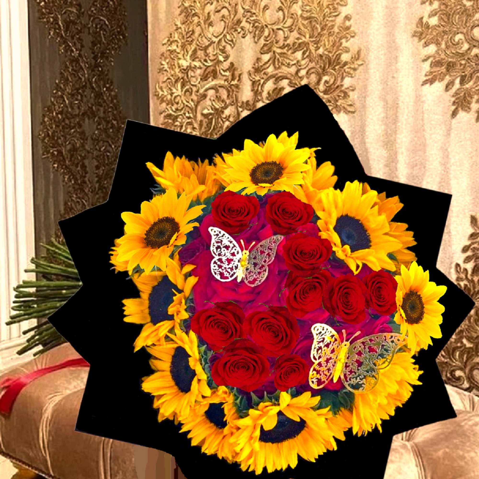 Bouquet of red roses and yellow sunflowers with butterfly accents, photo 5 of 6