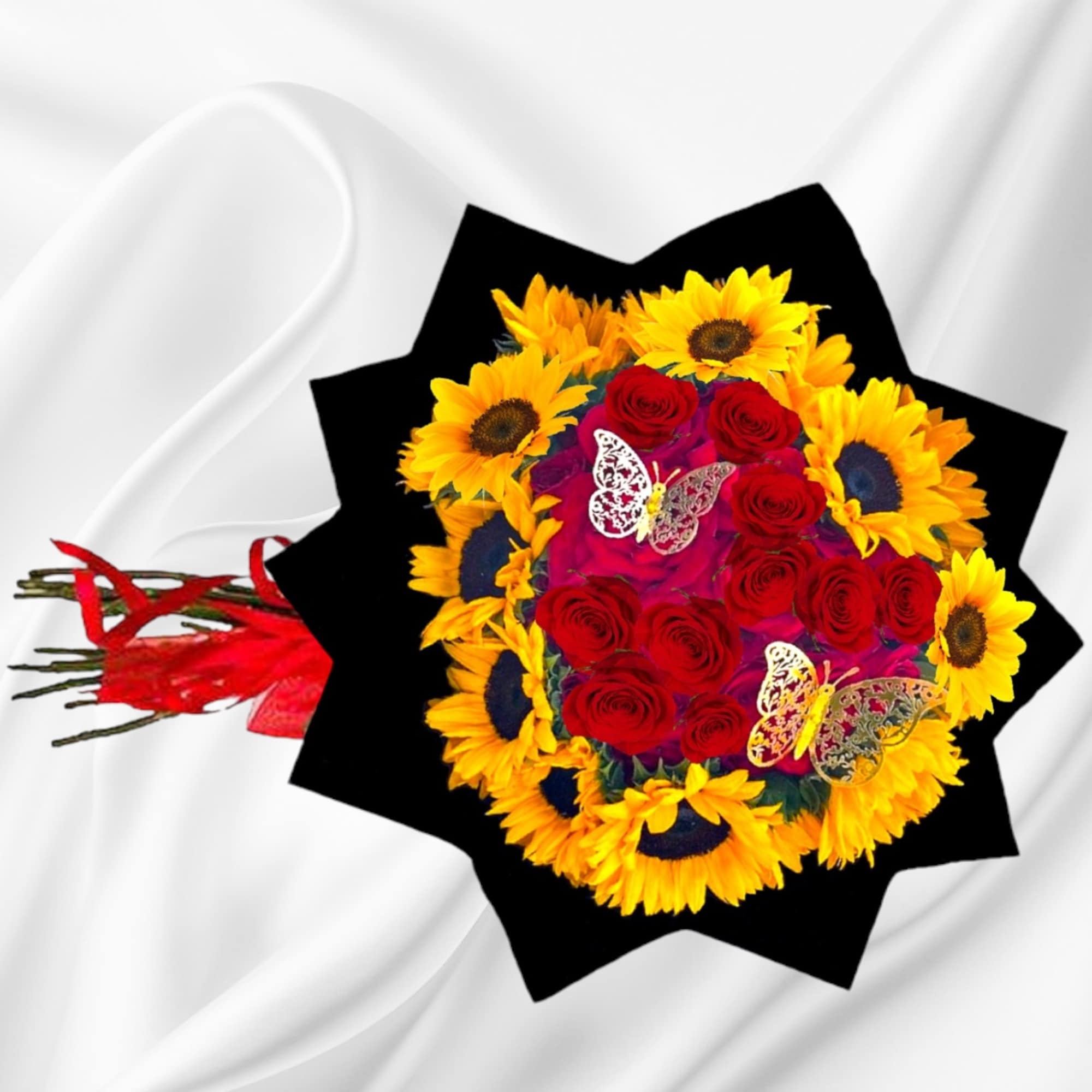 Bouquet of red roses and yellow sunflowers wrapped in black paper