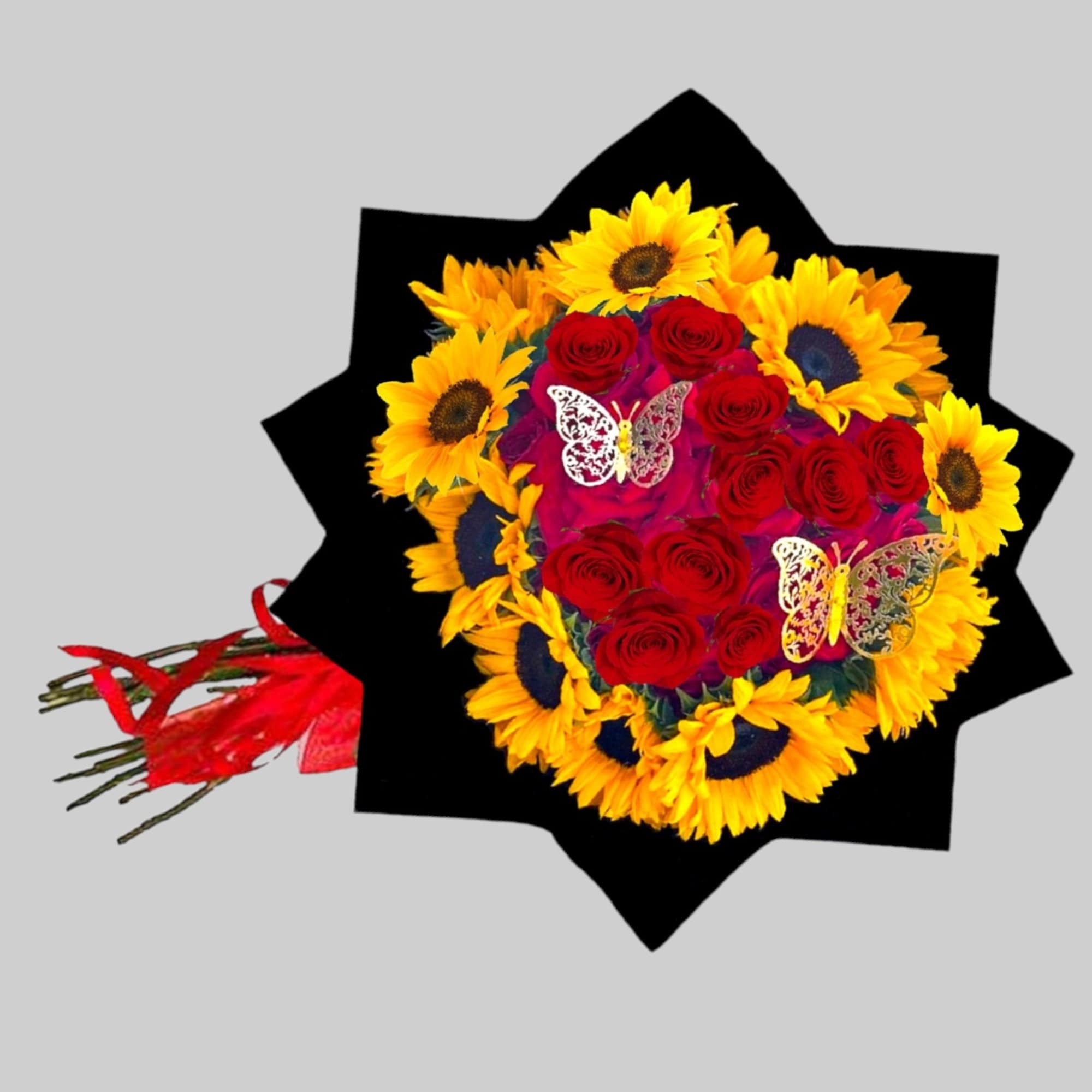 Bouquet of red roses and yellow sunflowers with butterfly accents, photo 6 of 6