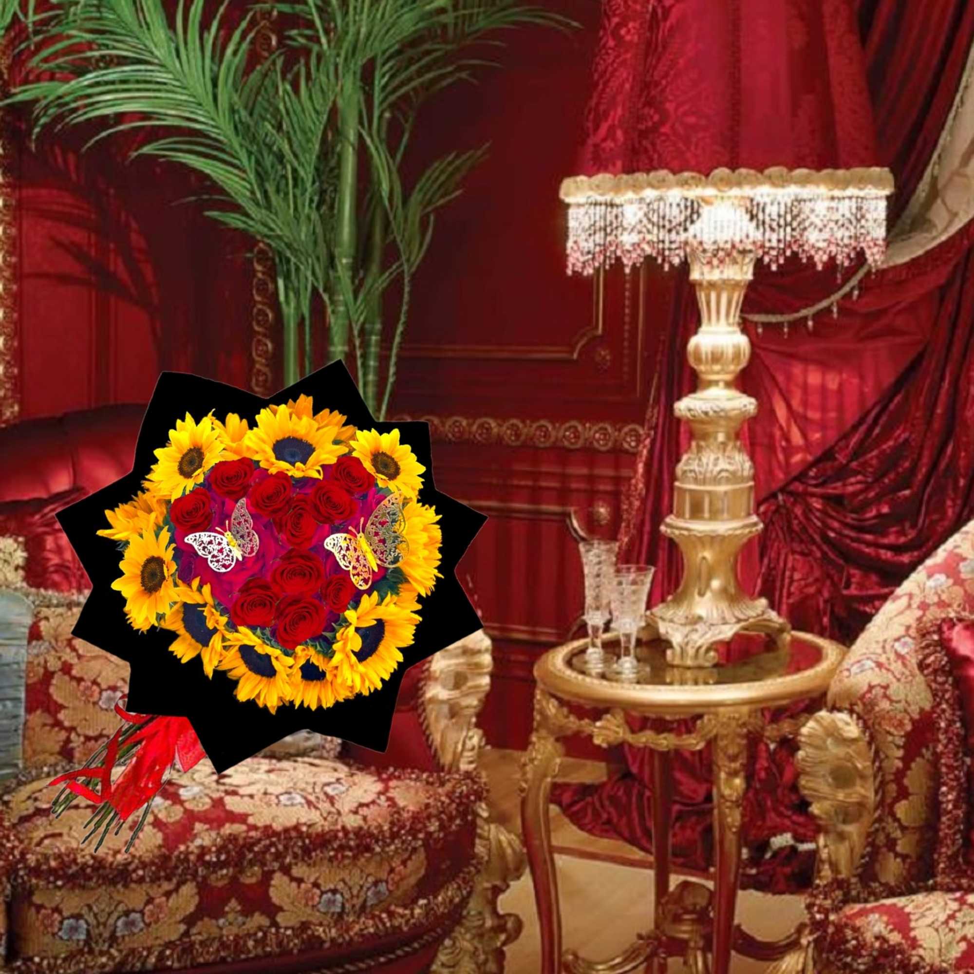 Heart-shaped bouquet of red roses and yellow sunflowers with butterfly accents