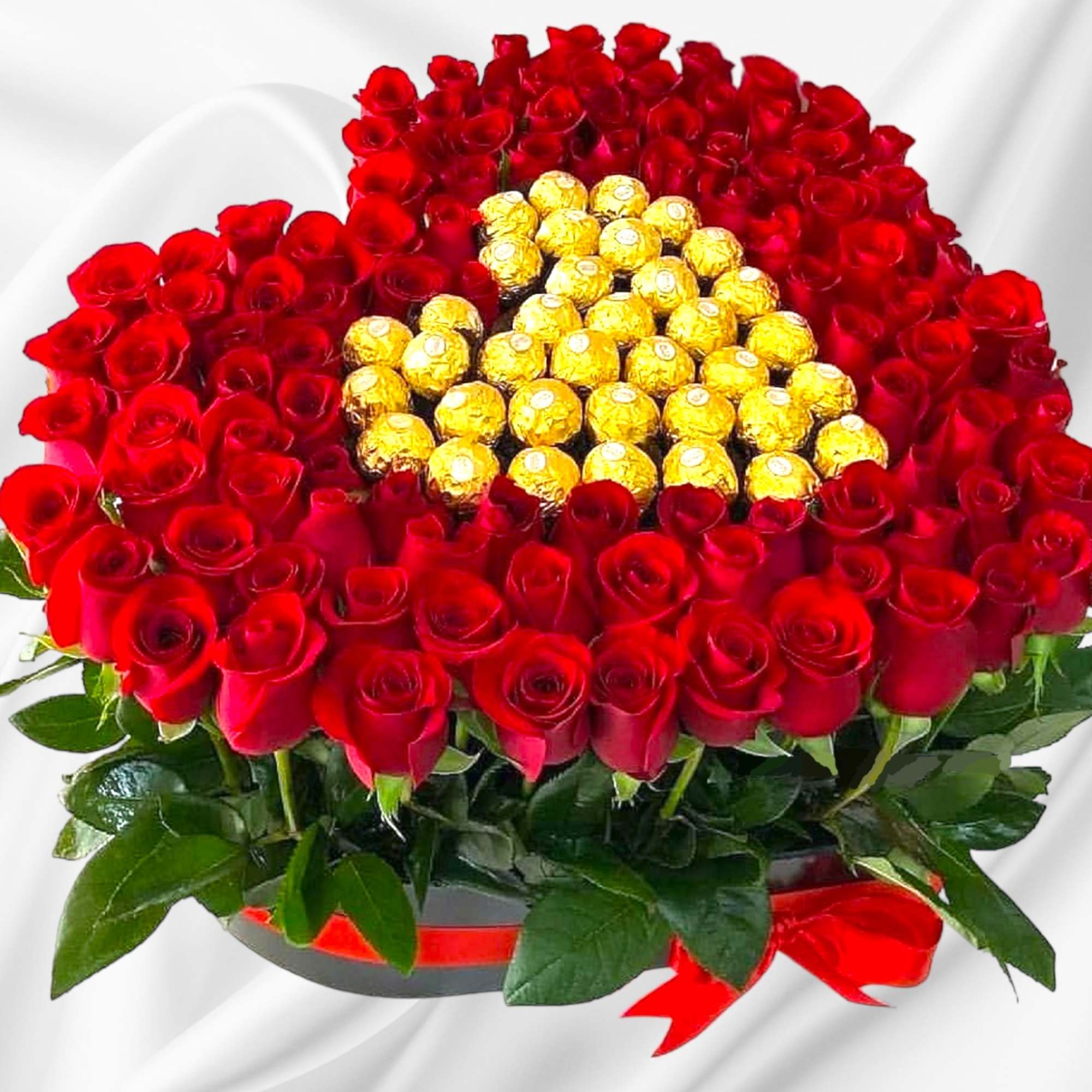 Red rose arrangement with gold-wrapped chocolates in the center, photo 2 of 5