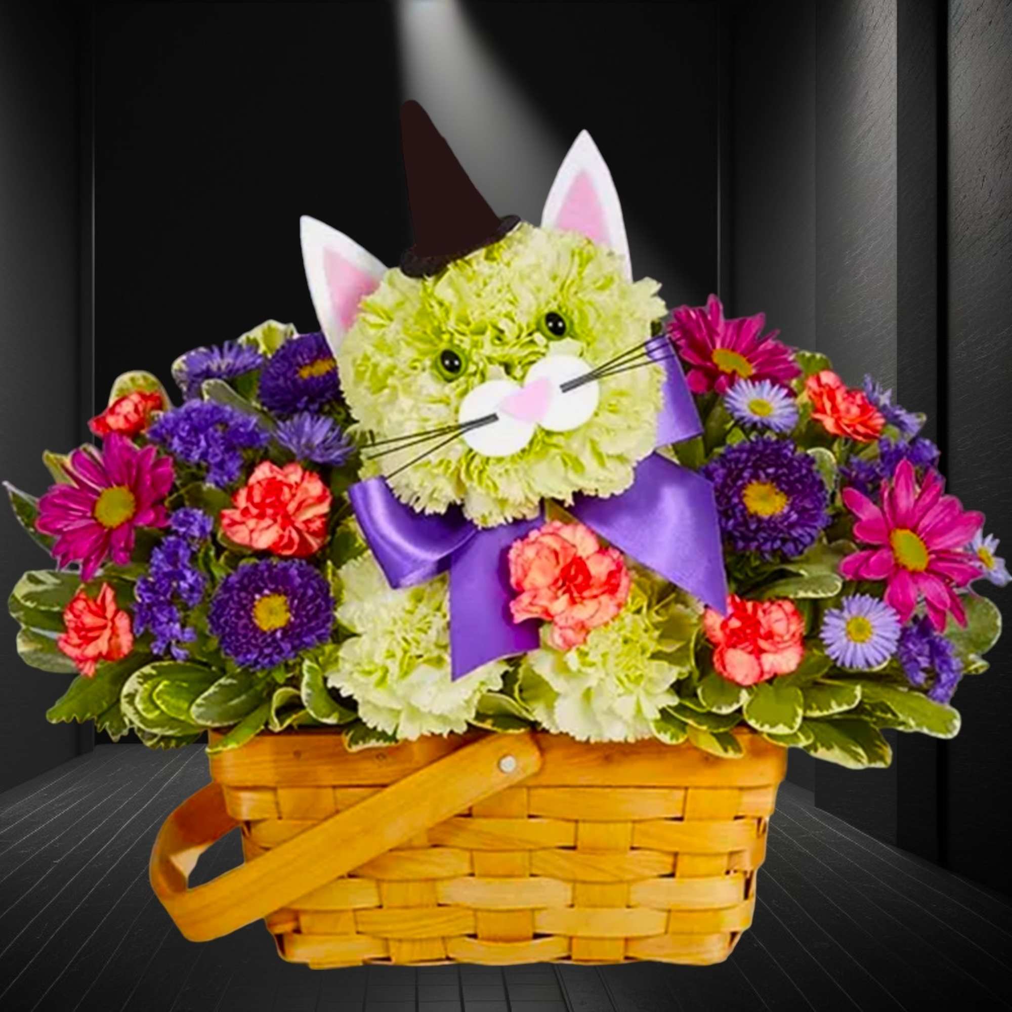 Cat-shaped flower basket with purple ribbon and colorful blooms