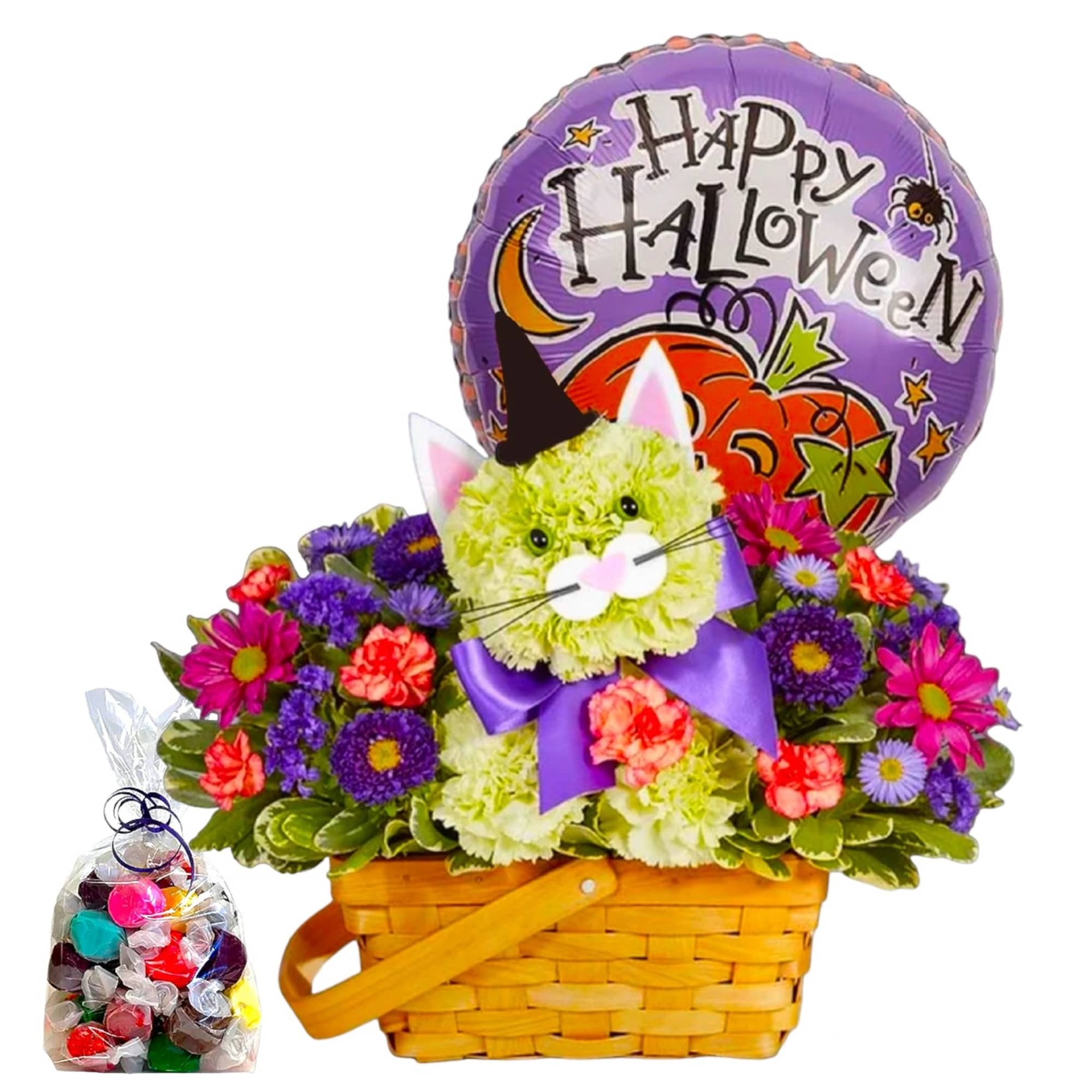 Halloween flower basket with a cat face balloon and candy bag