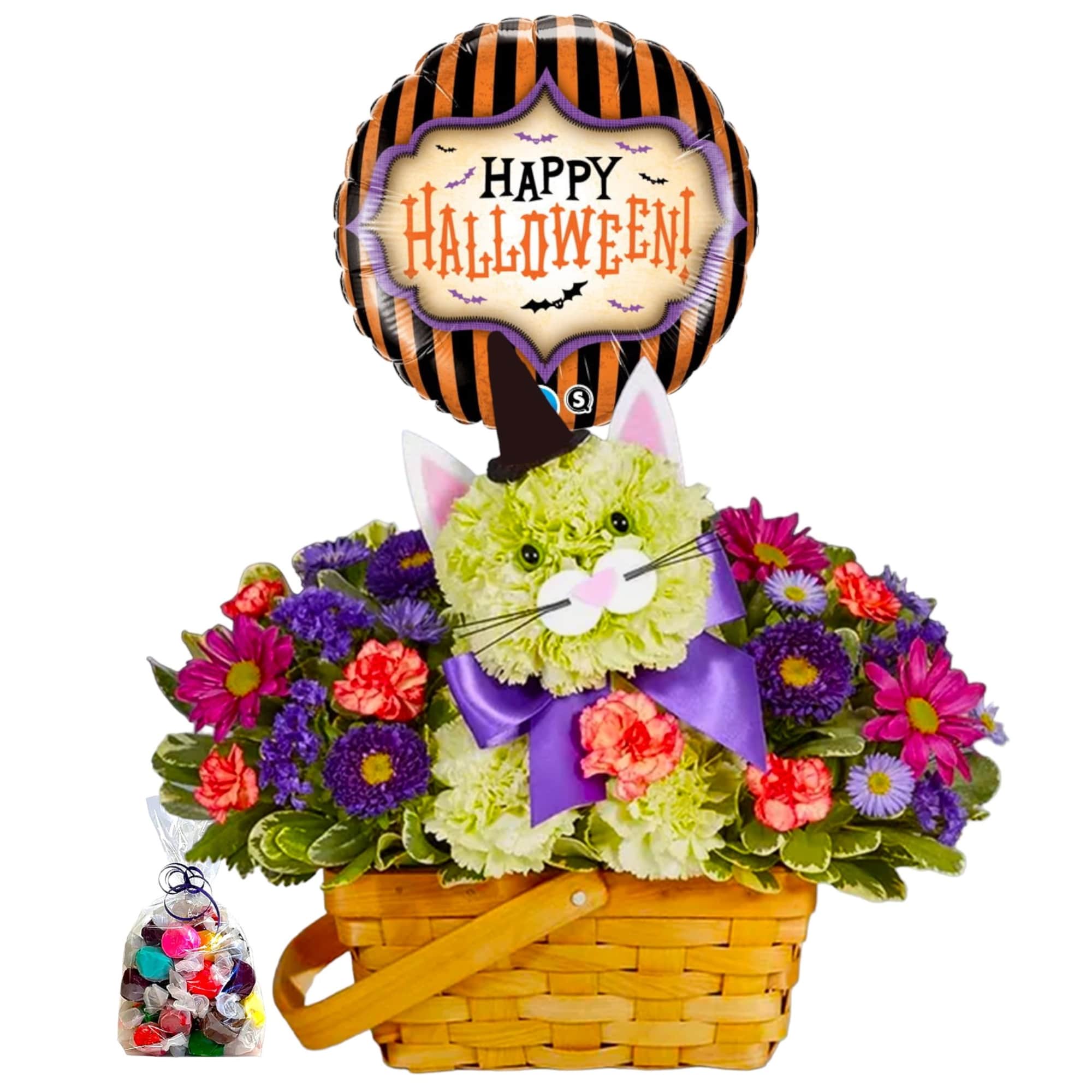 Halloween flower basket with a cat face and candy bag