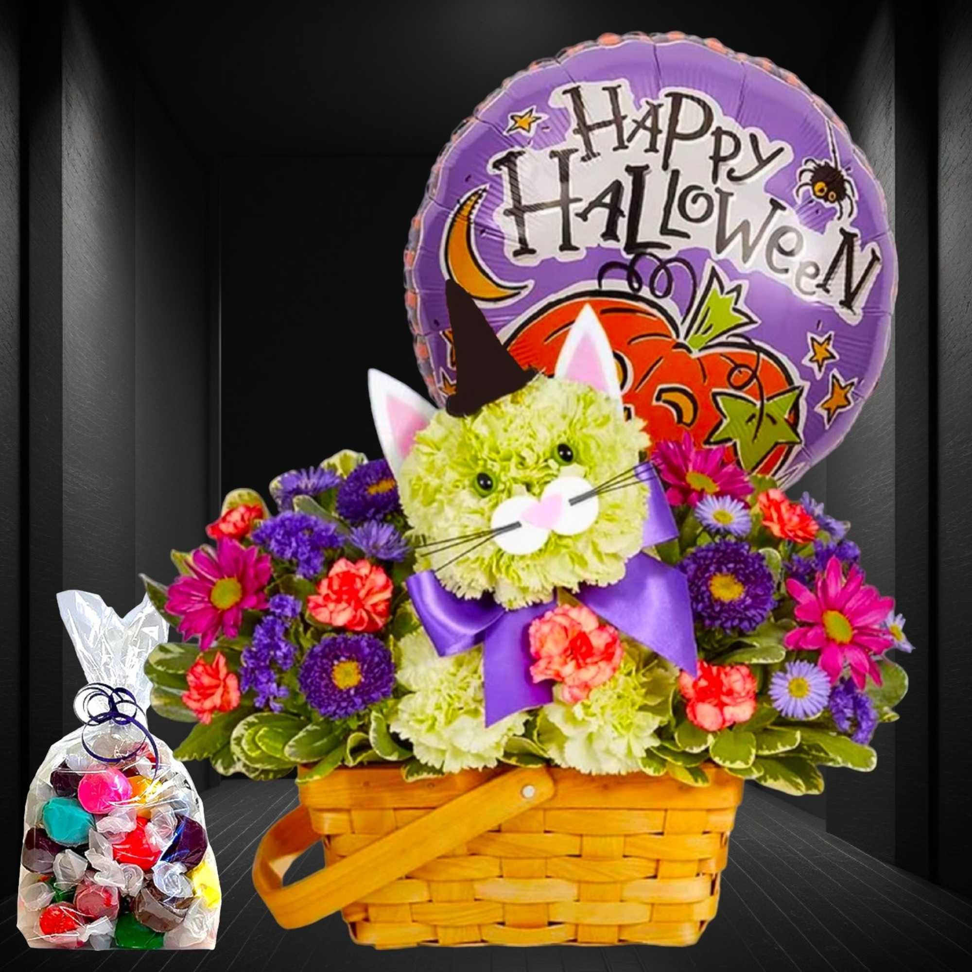 Halloween balloon with a cat-faced flower basket and candy bag
