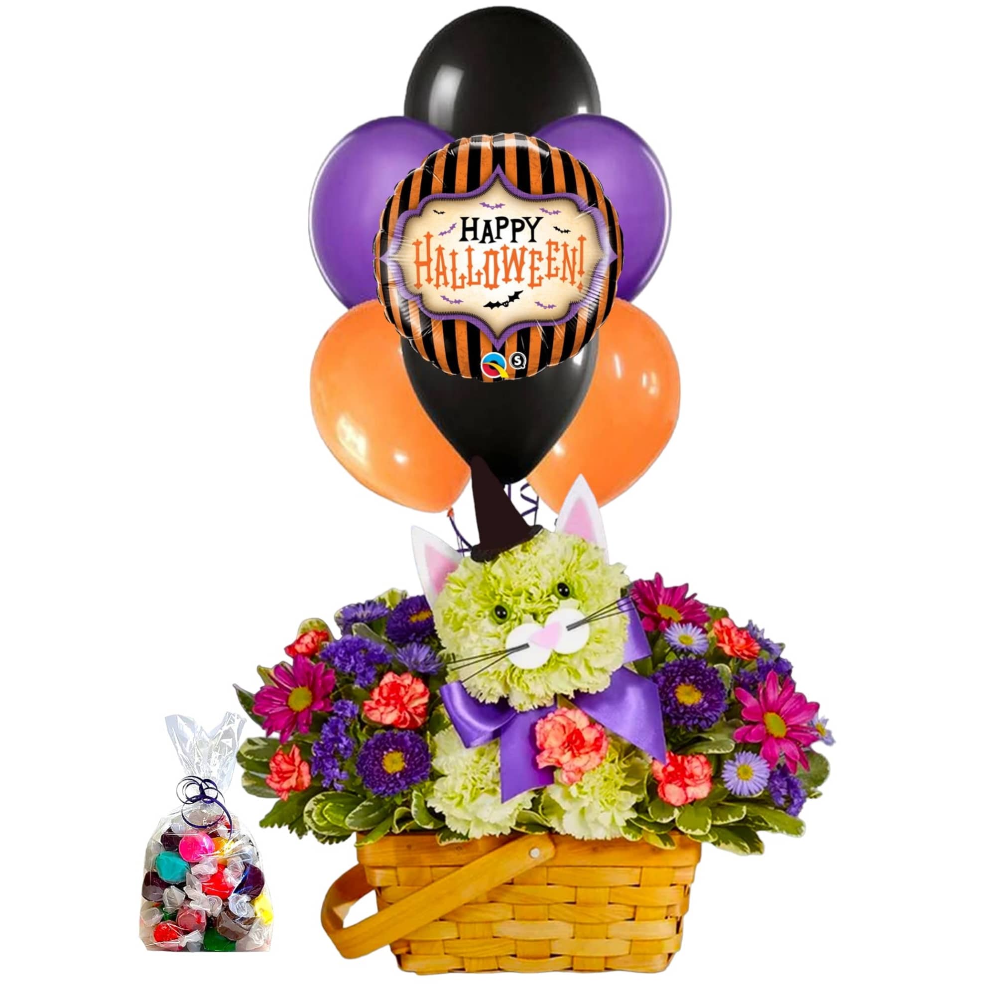 Halloween balloon bouquet over a flower basket with a candy bag