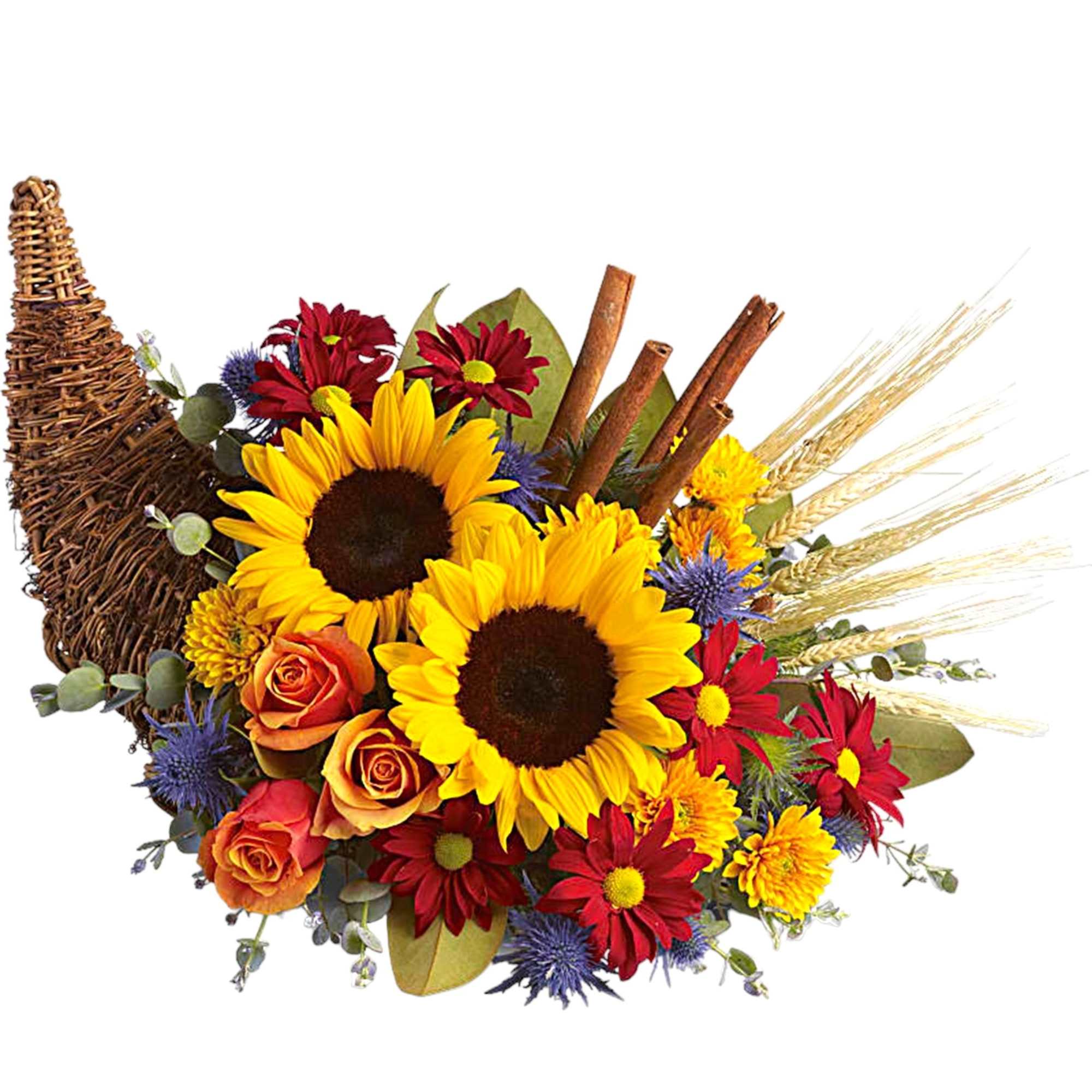 Sunflowers and mixed flowers arranged in a wicker cornucopia basket