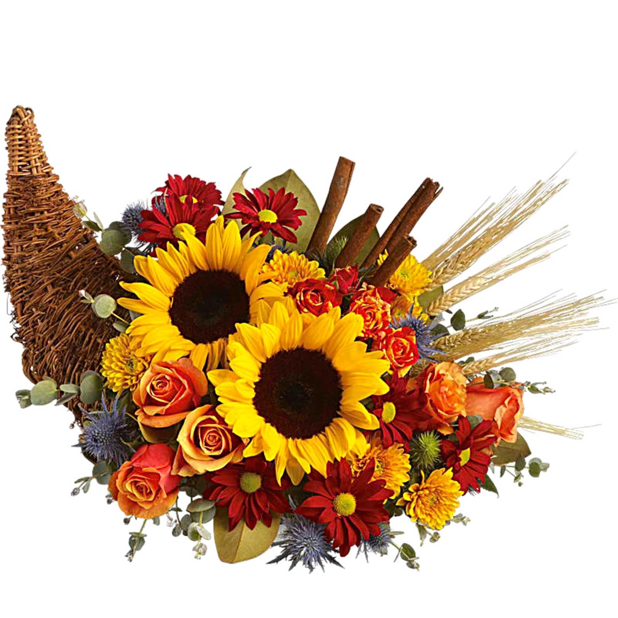 Autumn bouquet with sunflowers, roses, and red daisies in a woven cornucopia