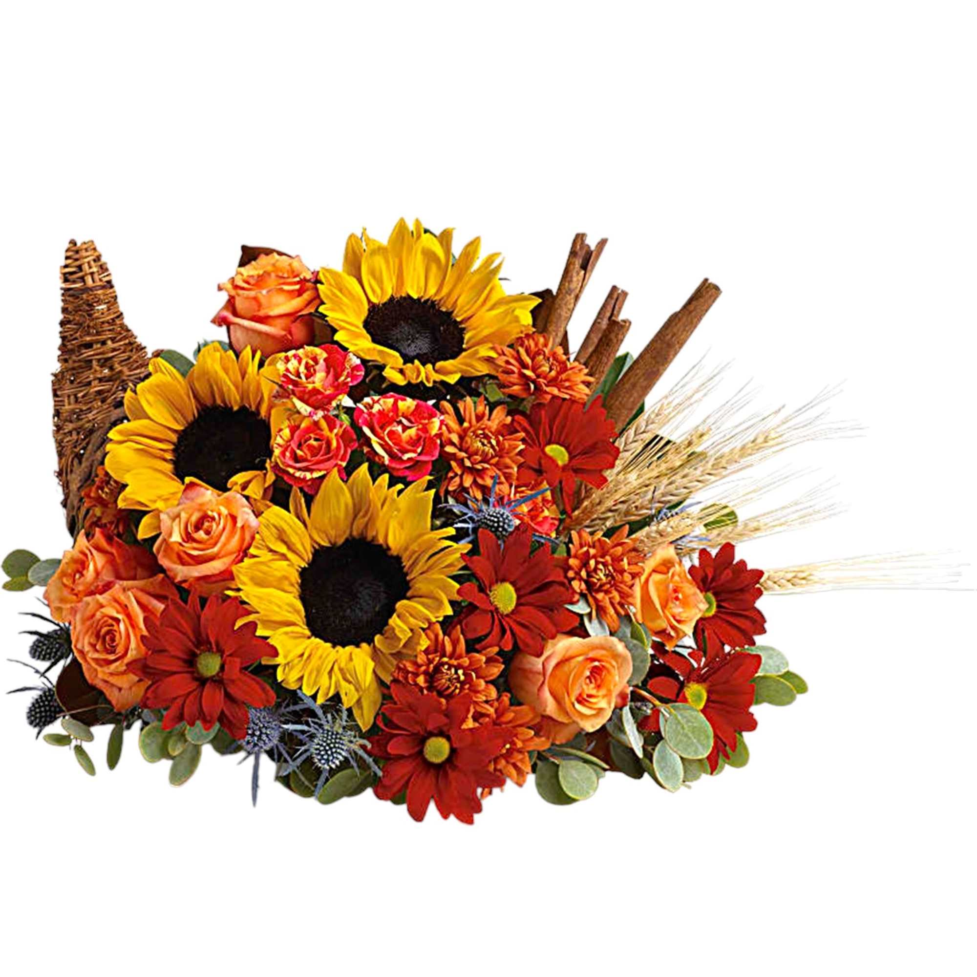 Sunflower and rose arrangement with red daisies and wheat in a woven basket