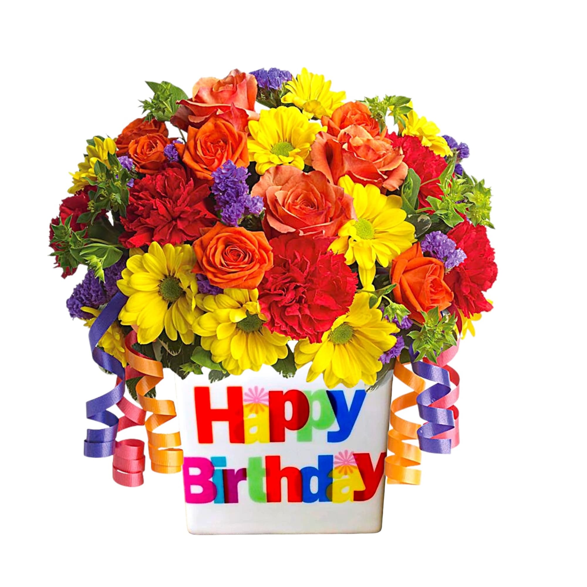 Colorful birthday flower arrangement in a white container with ribbon curls
