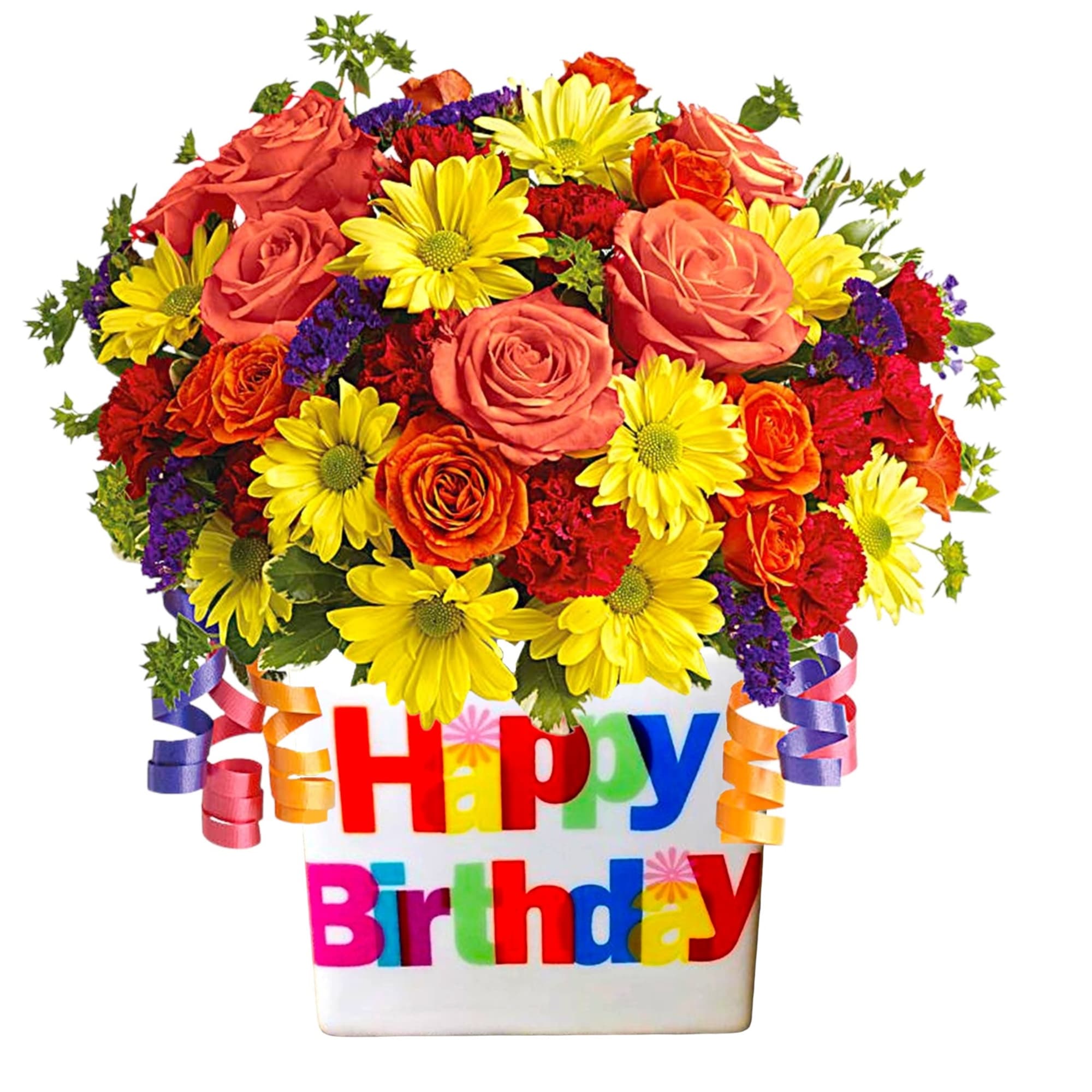 Birthday bouquet of roses and daisies in a decorated container