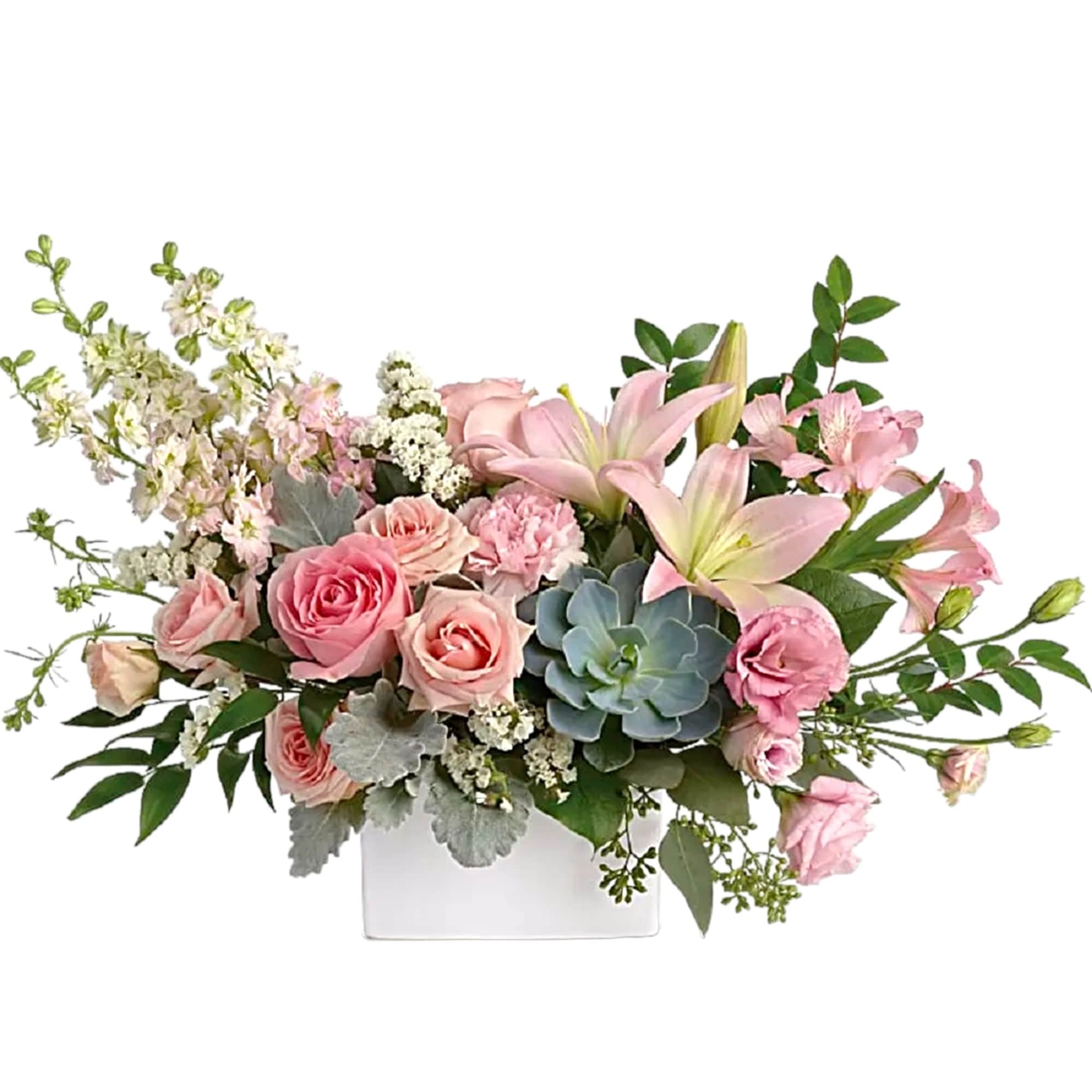 Pink roses and lilies arranged in a white vase