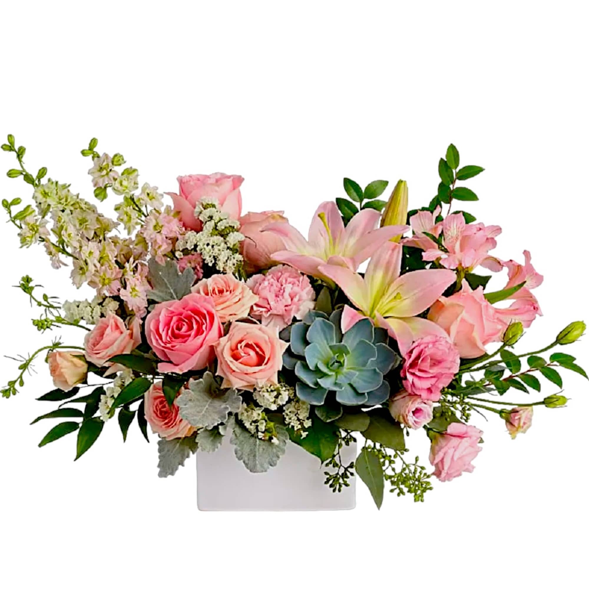 Pink roses and lilies arranged in a white rectangular vase, photo 6 of 10