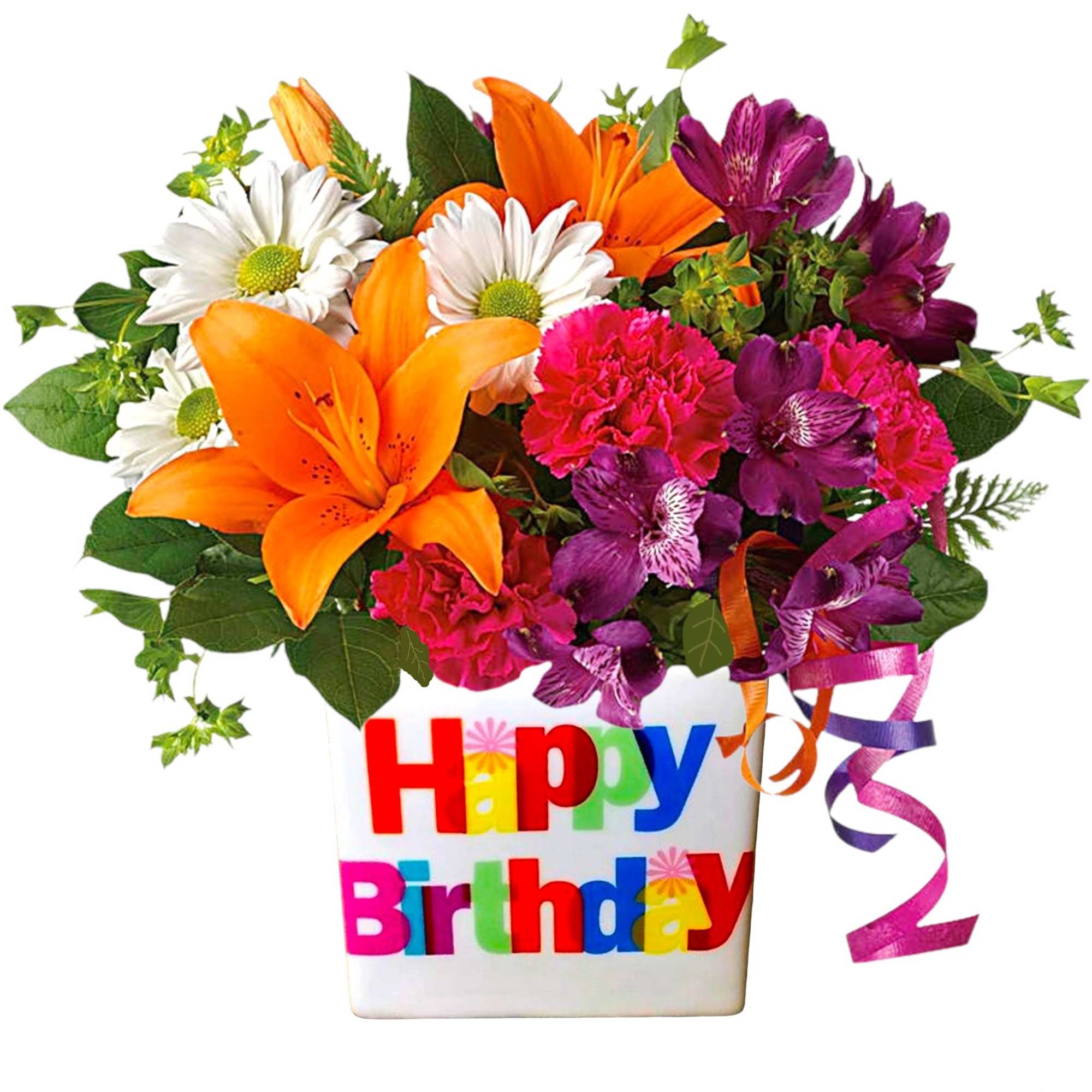 Bright mixed bouquet in a birthday vase with ribbons
