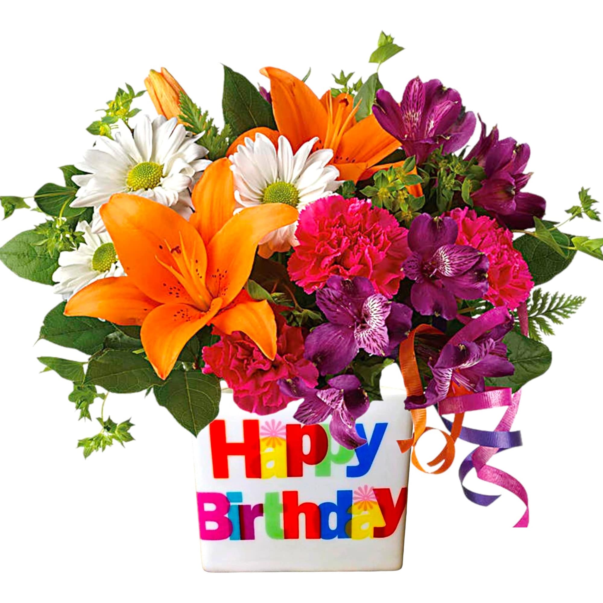 Colorful bouquet in a Happy Birthday container with lilies, daisies, and carnations