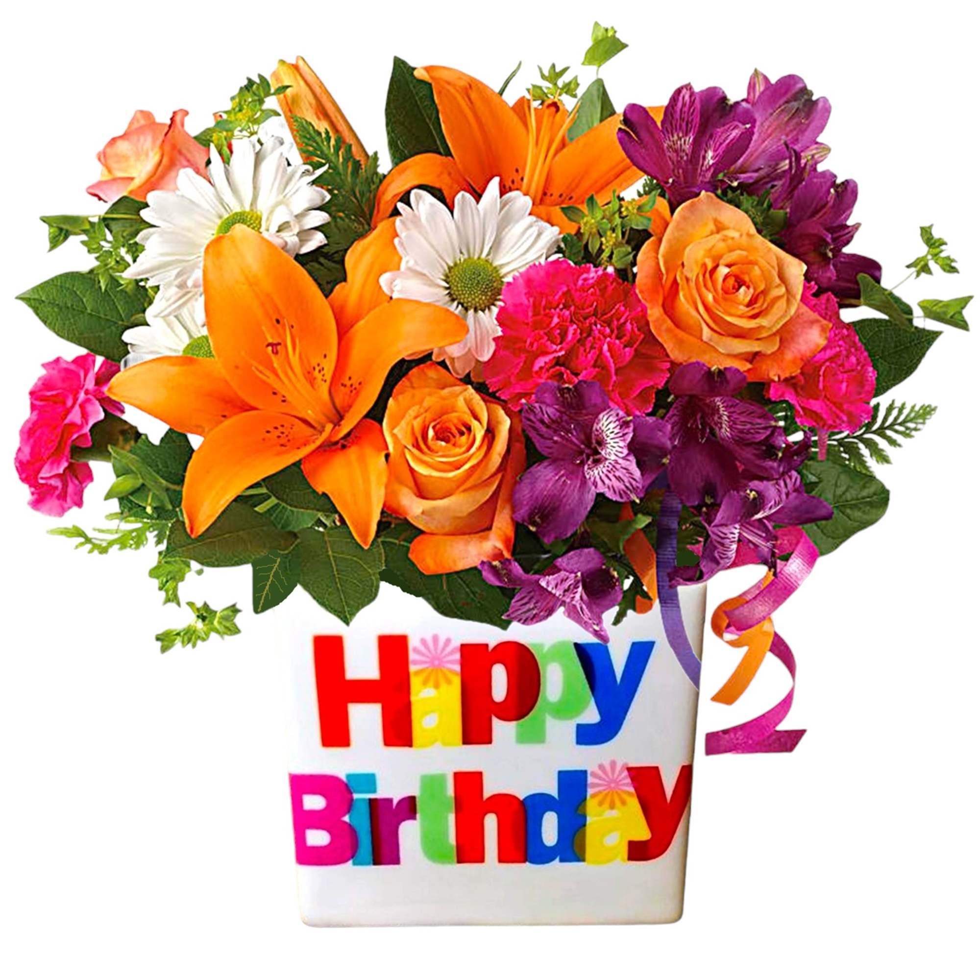 Bright mixed bouquet in a white vase with a Happy Birthday message