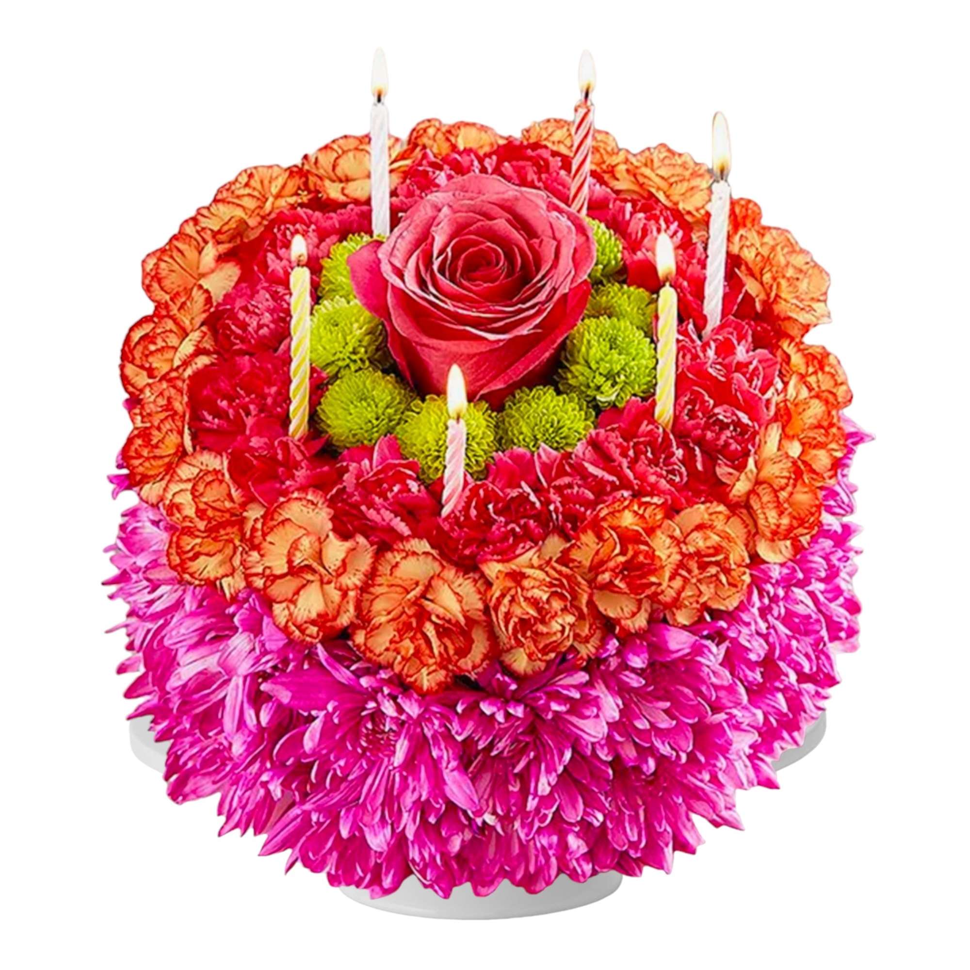 Round floral cake with a pink rose and lit candles