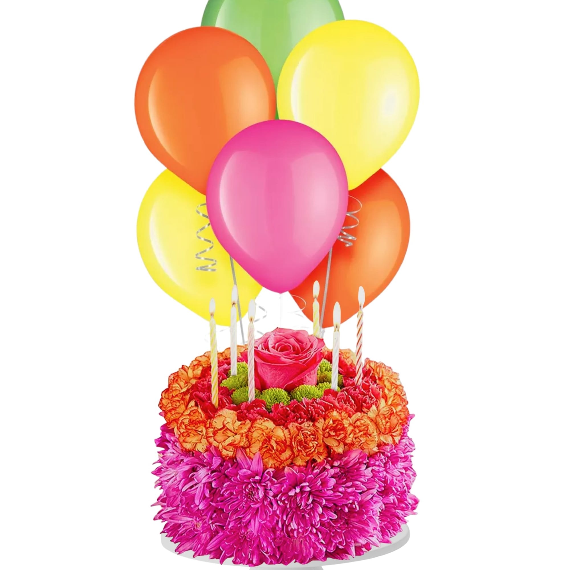 Flower birthday cake with balloons and candles