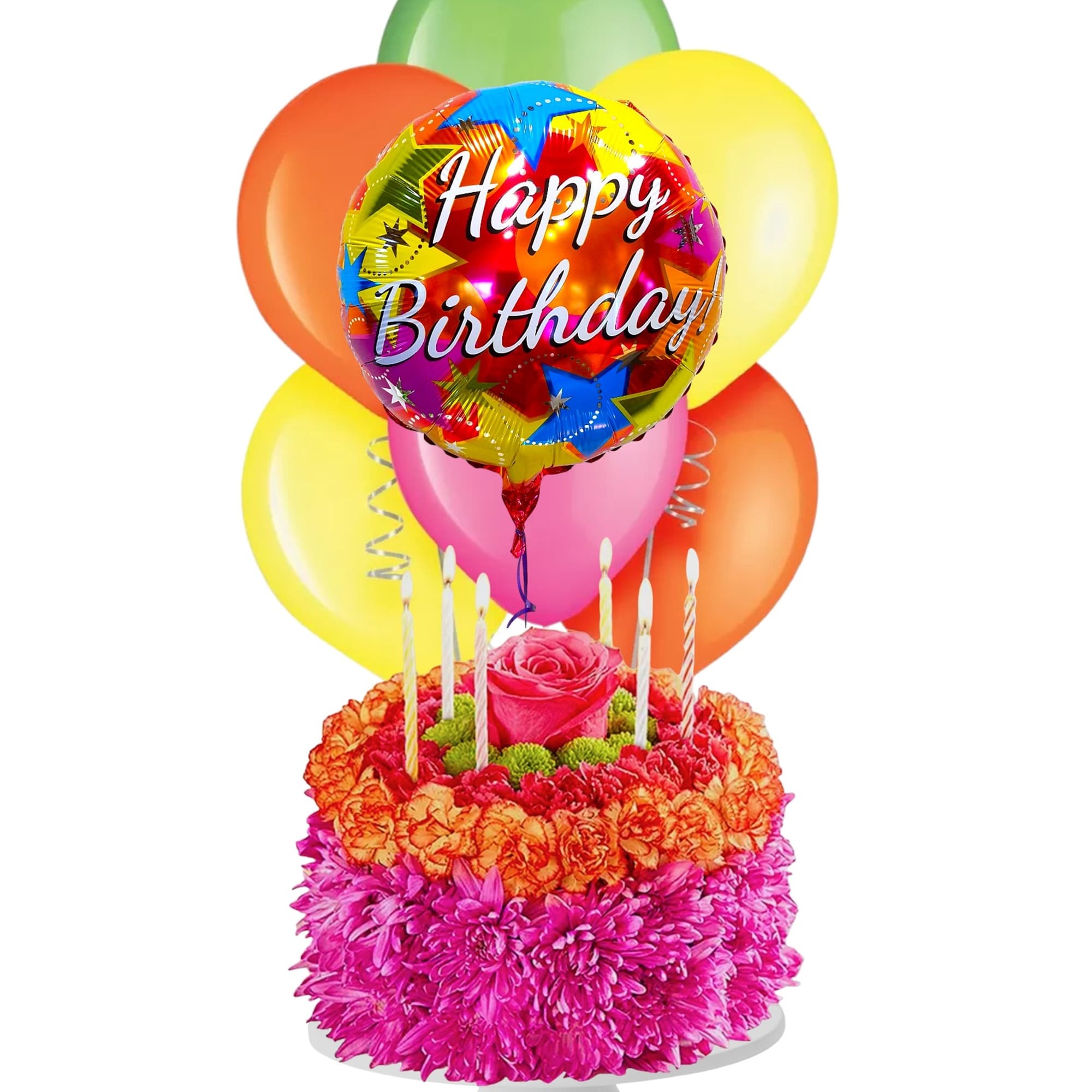 Birthday cake with flowers and colorful balloons