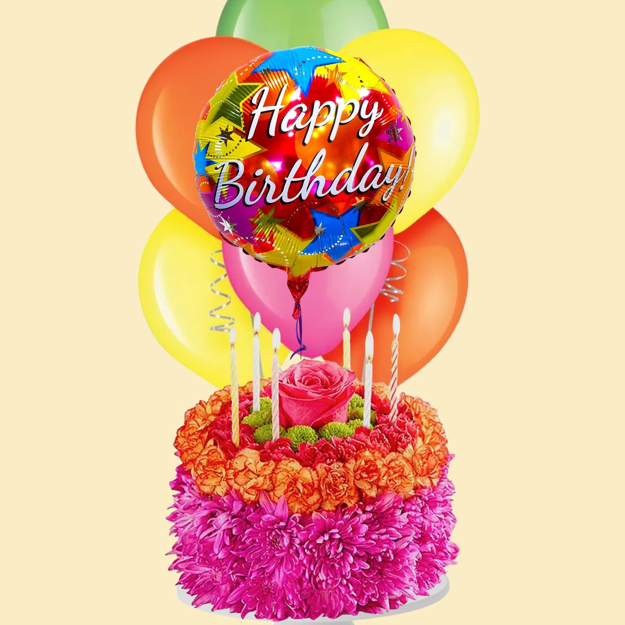Birthday cake with flowers and balloons