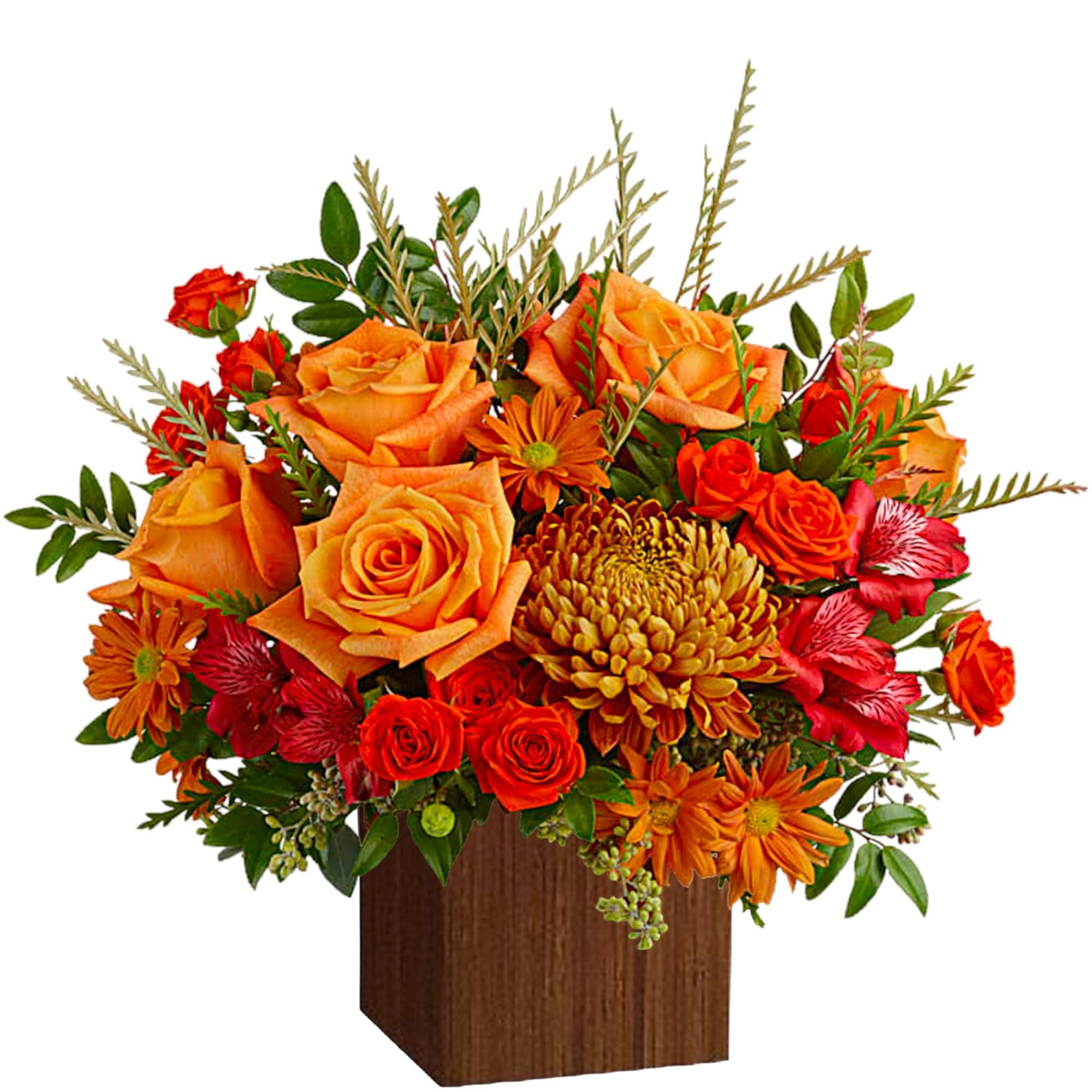 Orange and red floral arrangement in a wooden cube vase