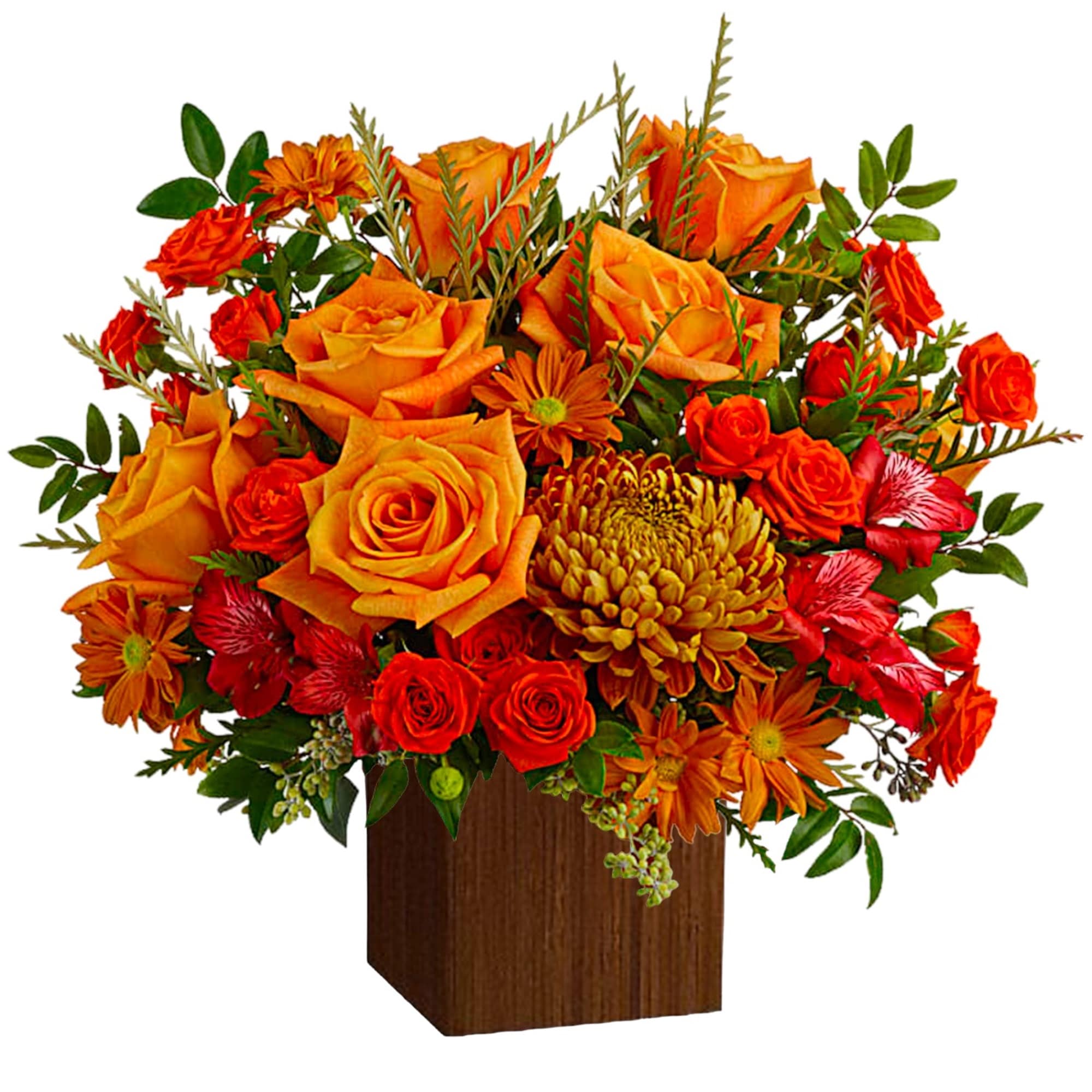 Orange and red rose bouquet in a wooden cube vase